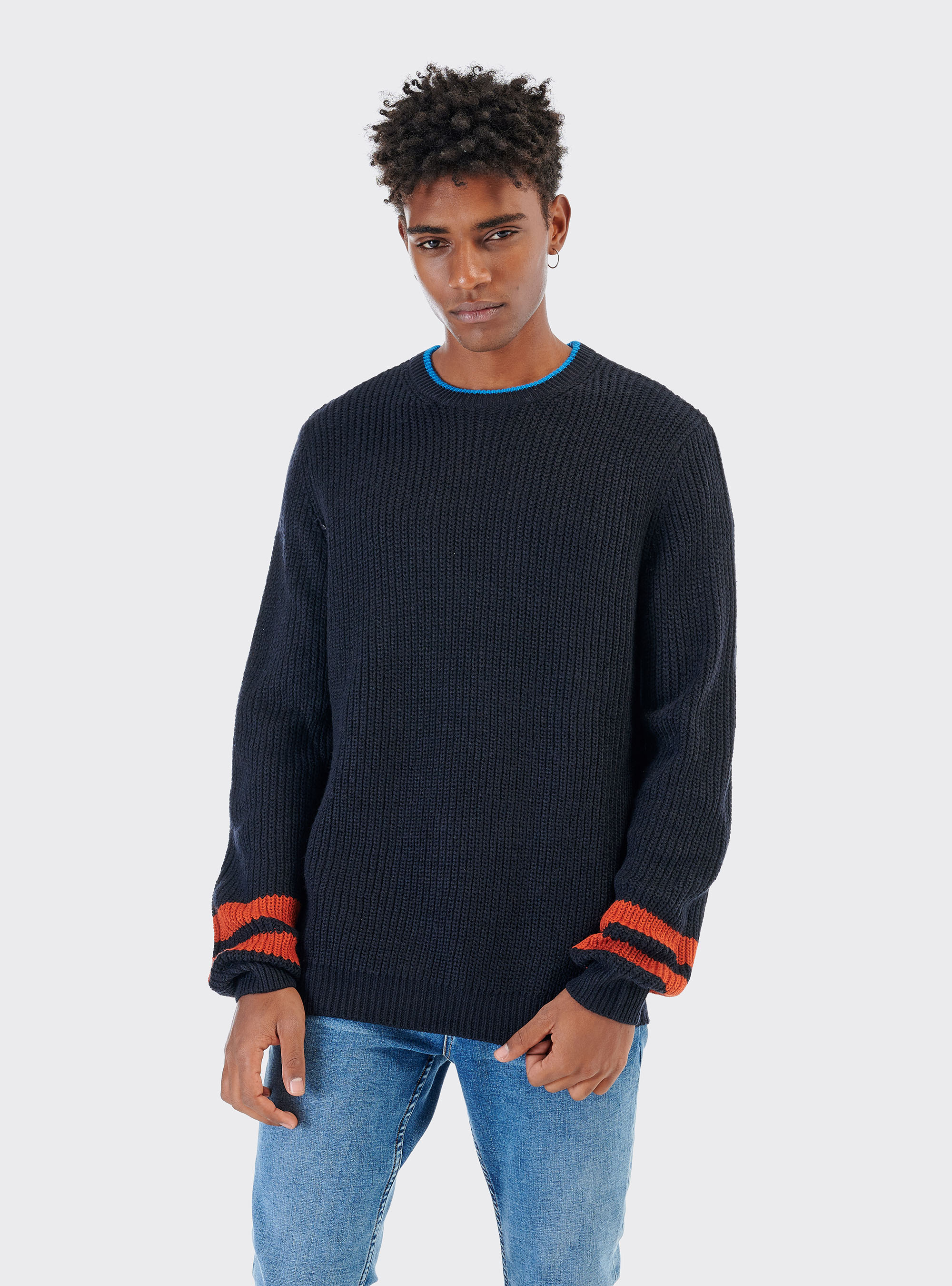 COLOR BLOCKING ROUND NECK PULLOVER, C218 BLUE NAVY