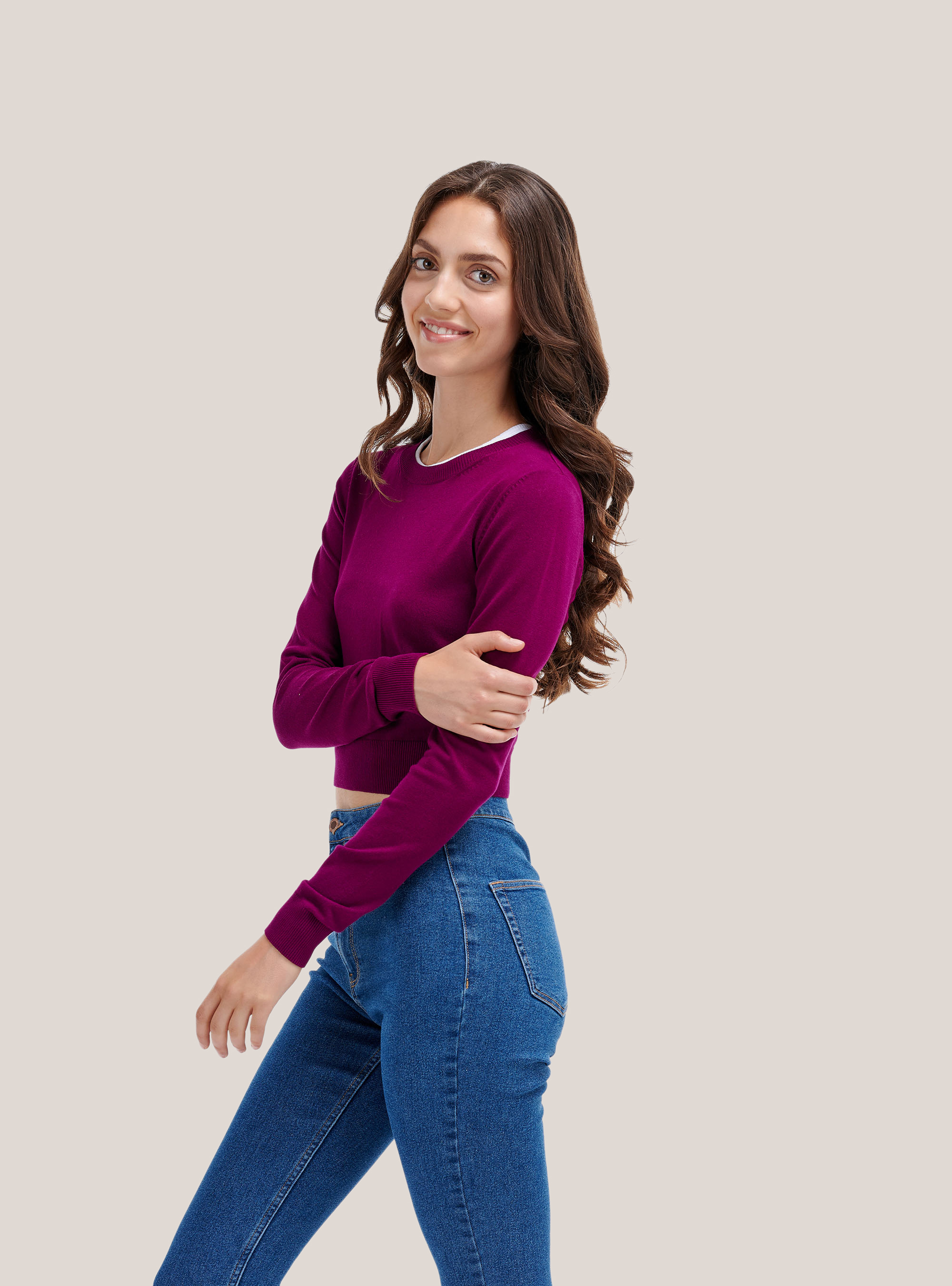 Kurzer Pullover mit Rundhalsausschnitt, C394 PURPLE