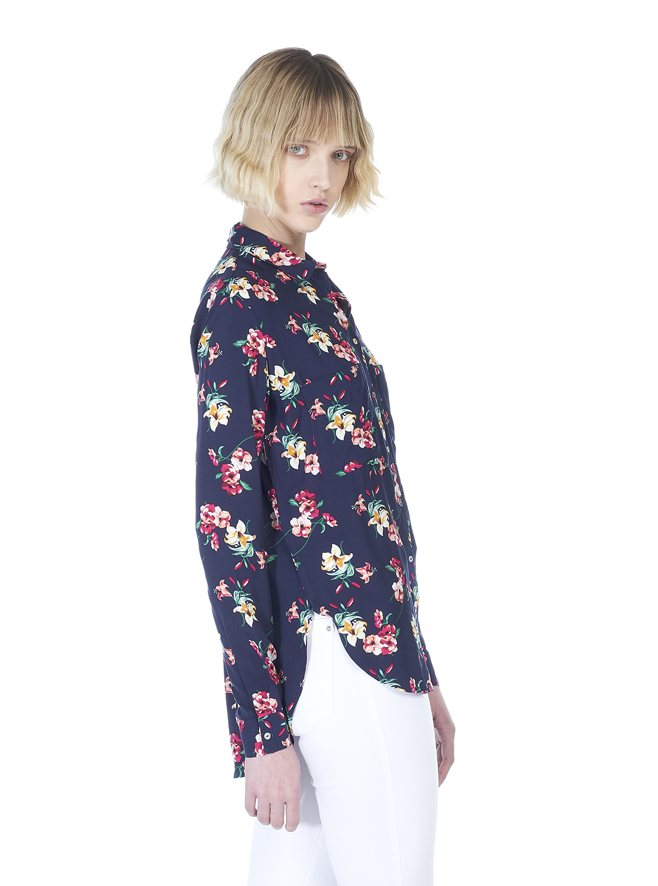 Camicia fit morbido con stampa a fiori, C2254 BLUE