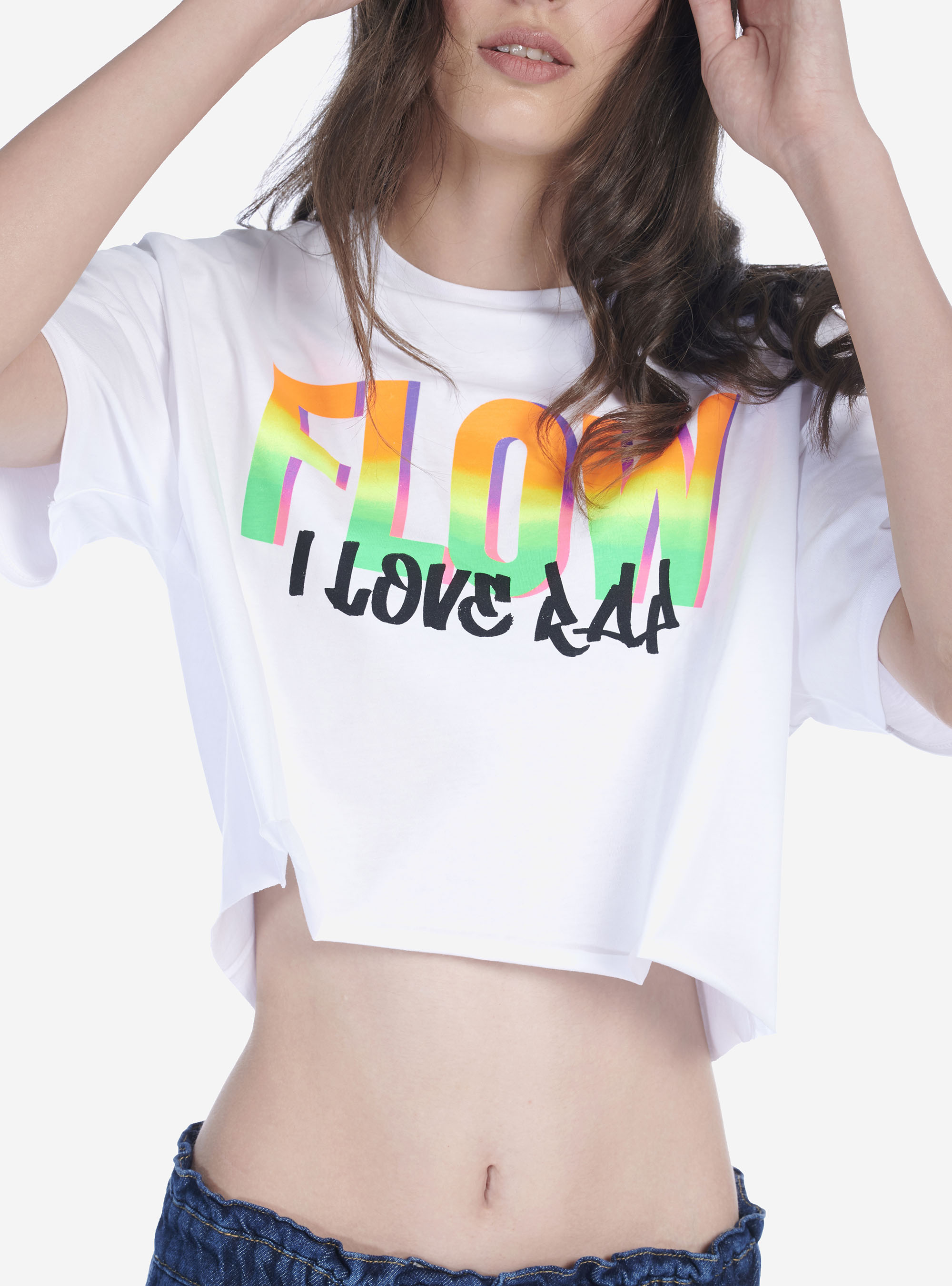 T-shirt crop con stampa fluo, BIANCO