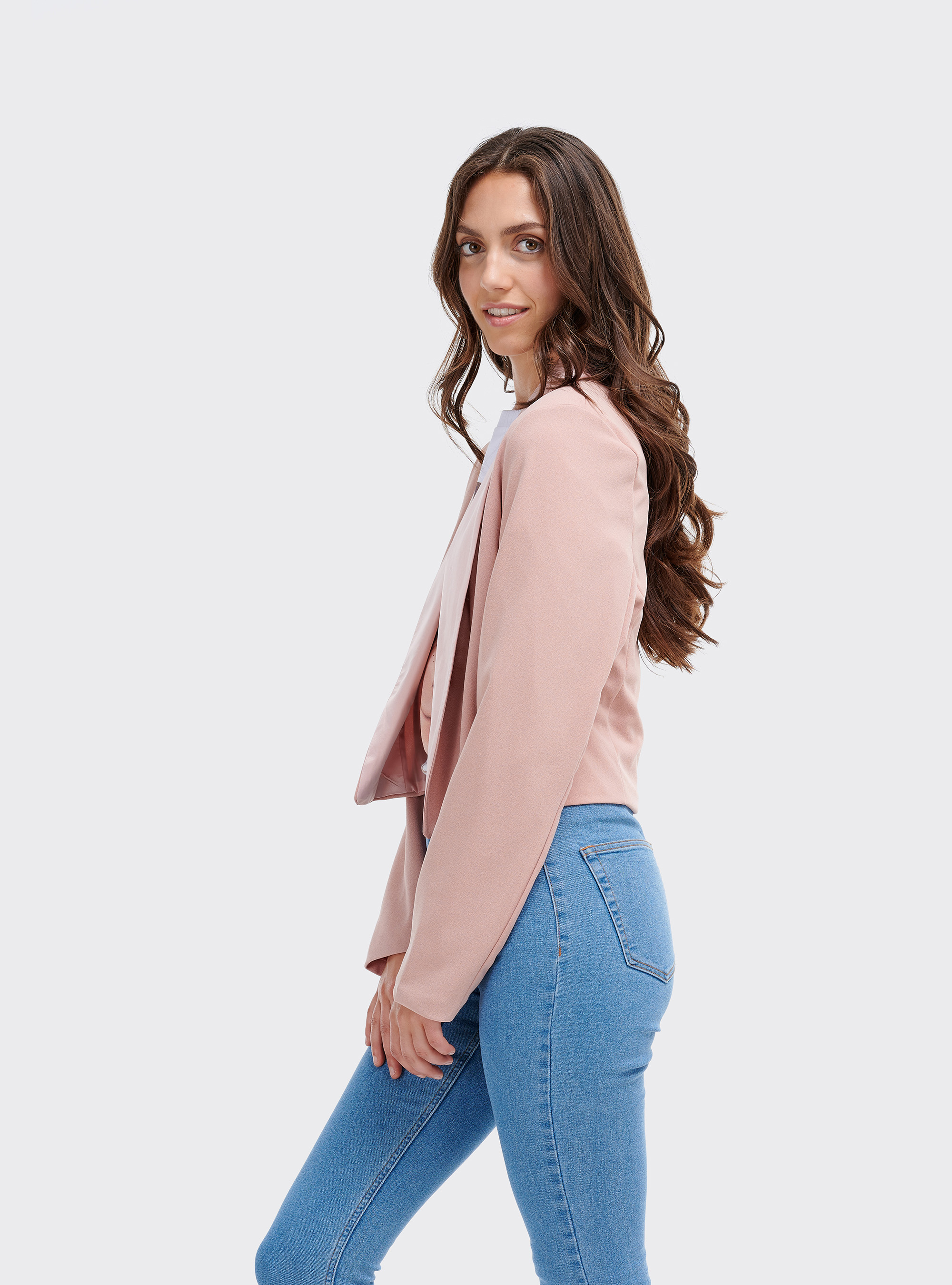Blazer cropped con rever in ras, C4404 PINK