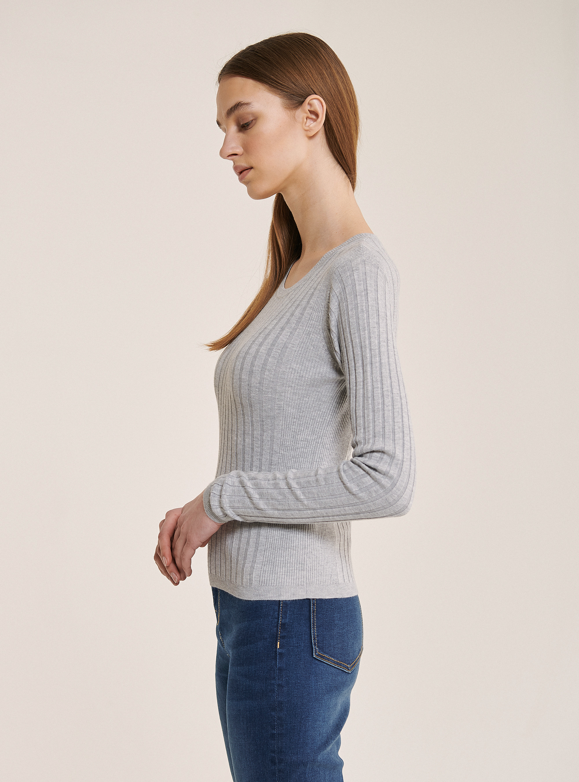 Cropped ribbed pullover, C1115 GREY MEL
