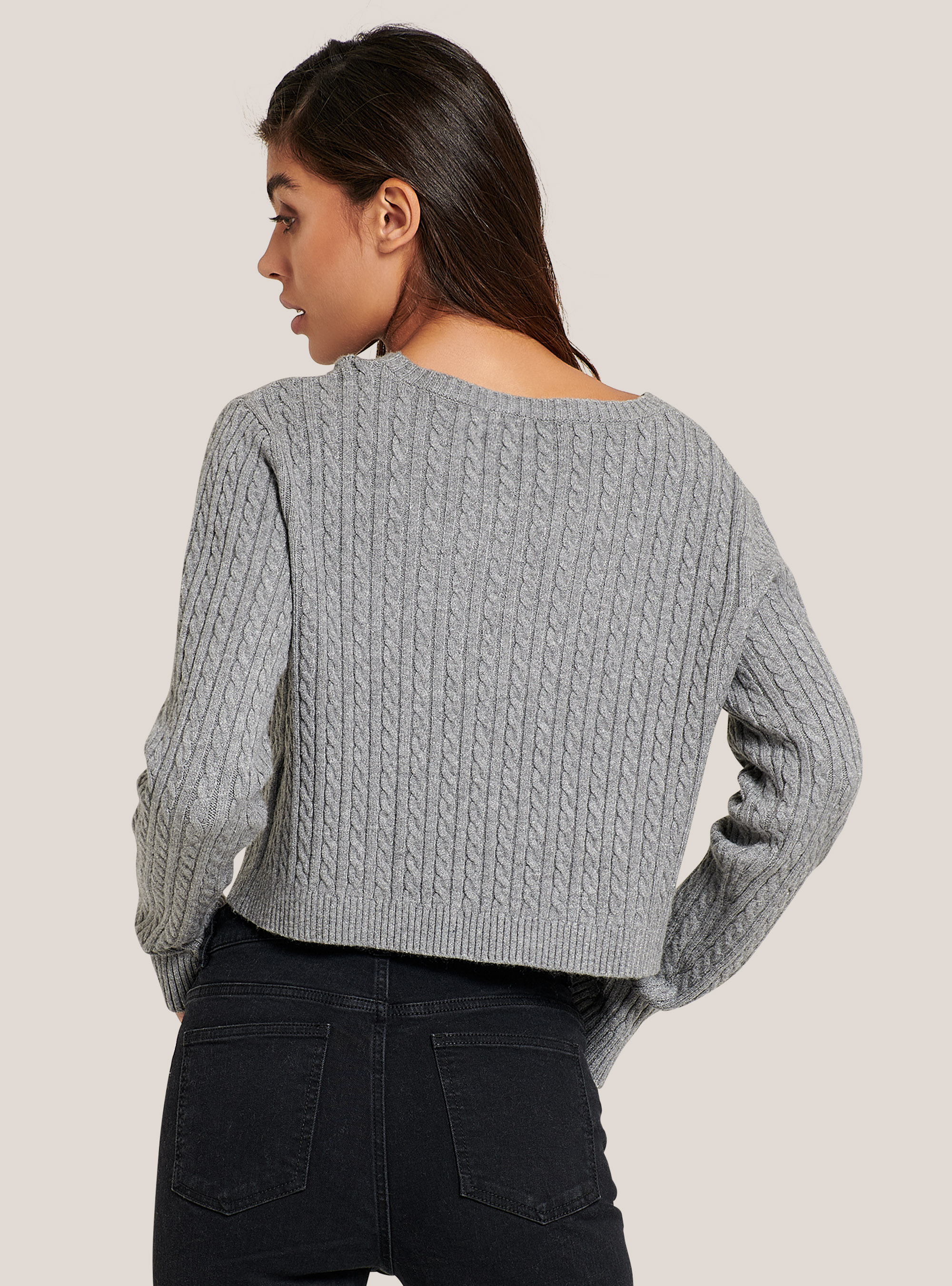 Suéter recortado con trenzas de tacto suave, GRIS MELANGE