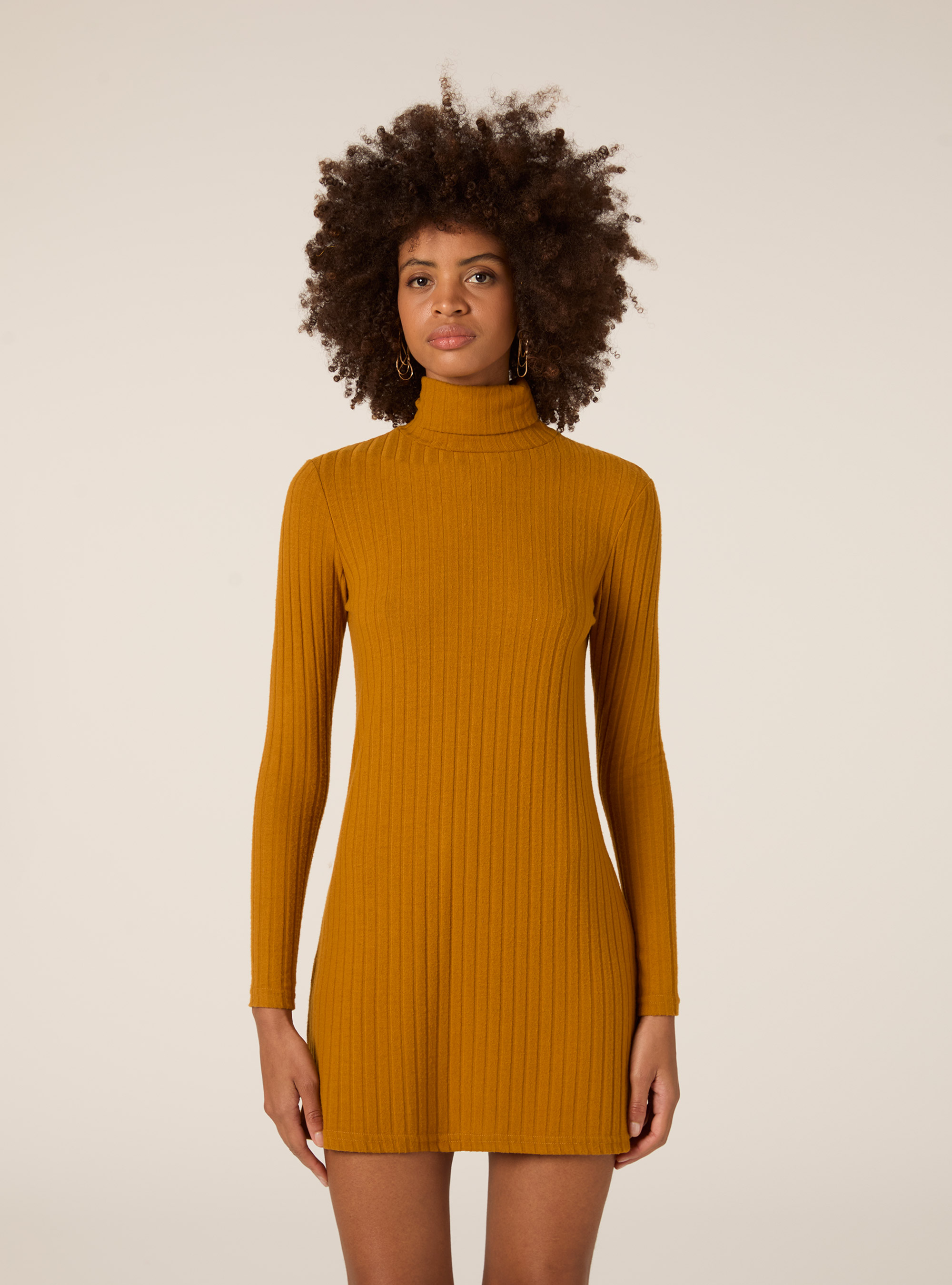 SHORT DRESS WITH HIGH RIBBED COLLAR, MUSTARD