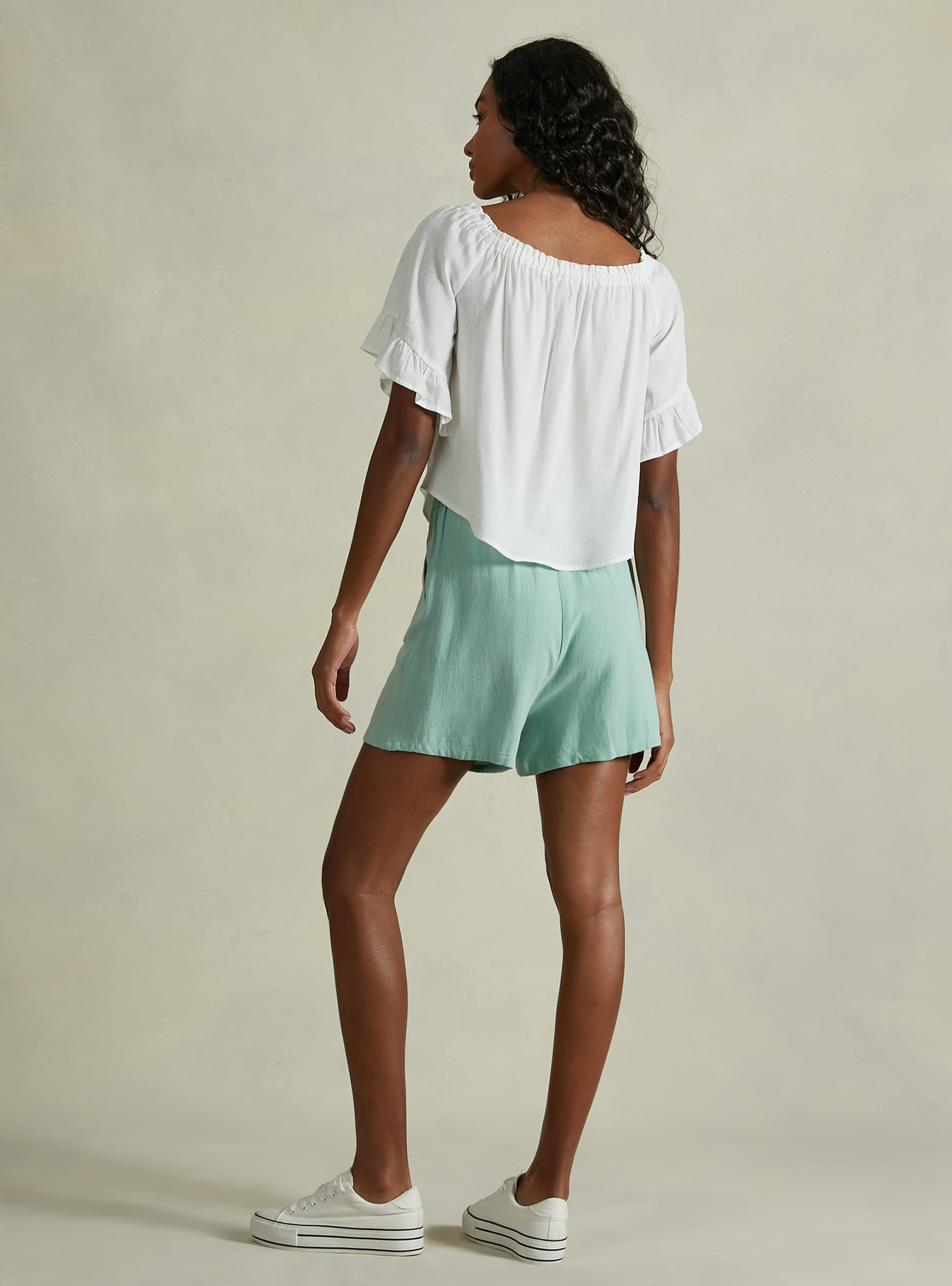 Linen blend blouse with bardot neckline, WH2 WHITE