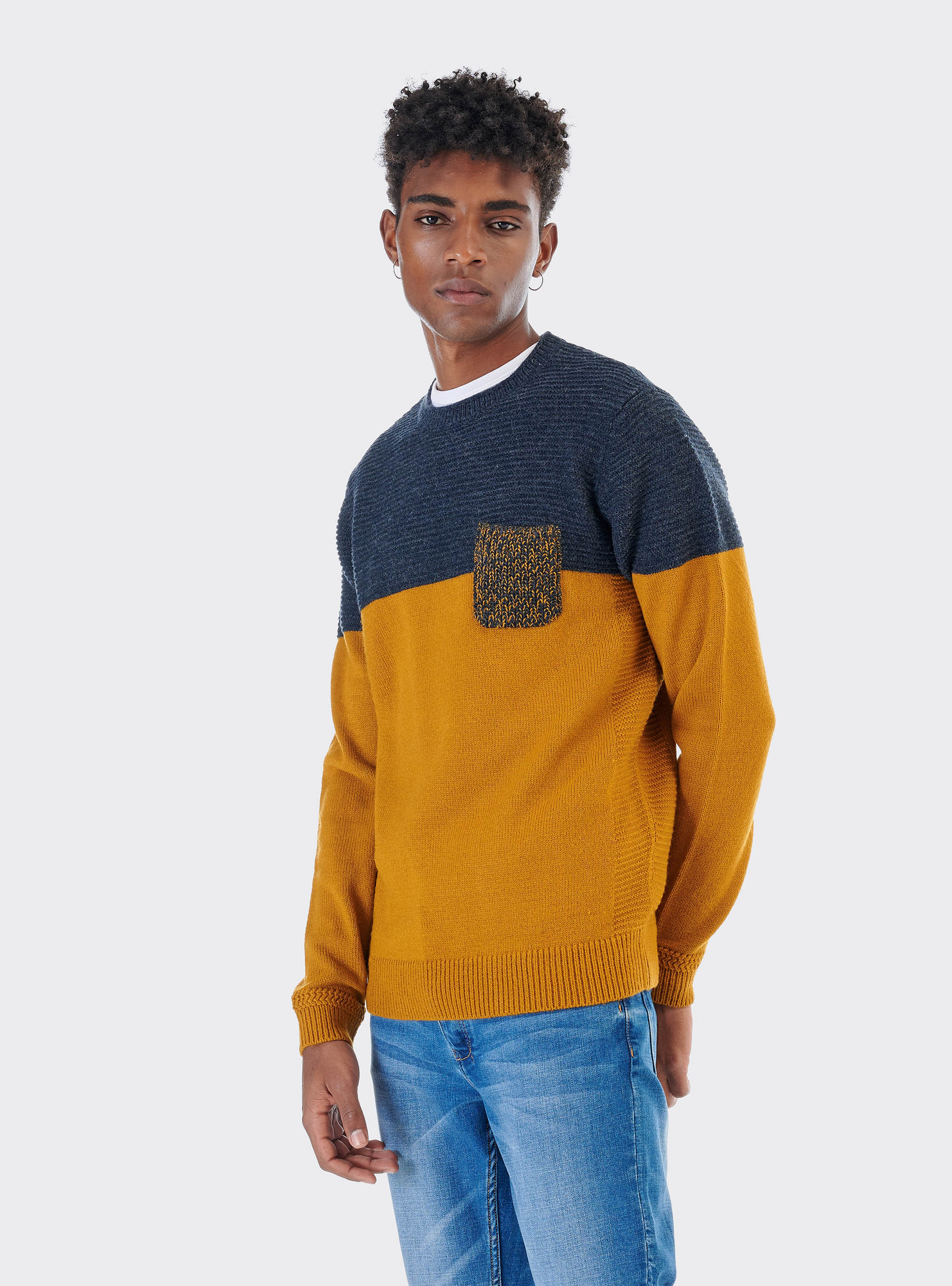 Pullover color block in misto lana con taschino, BLU MELANGE