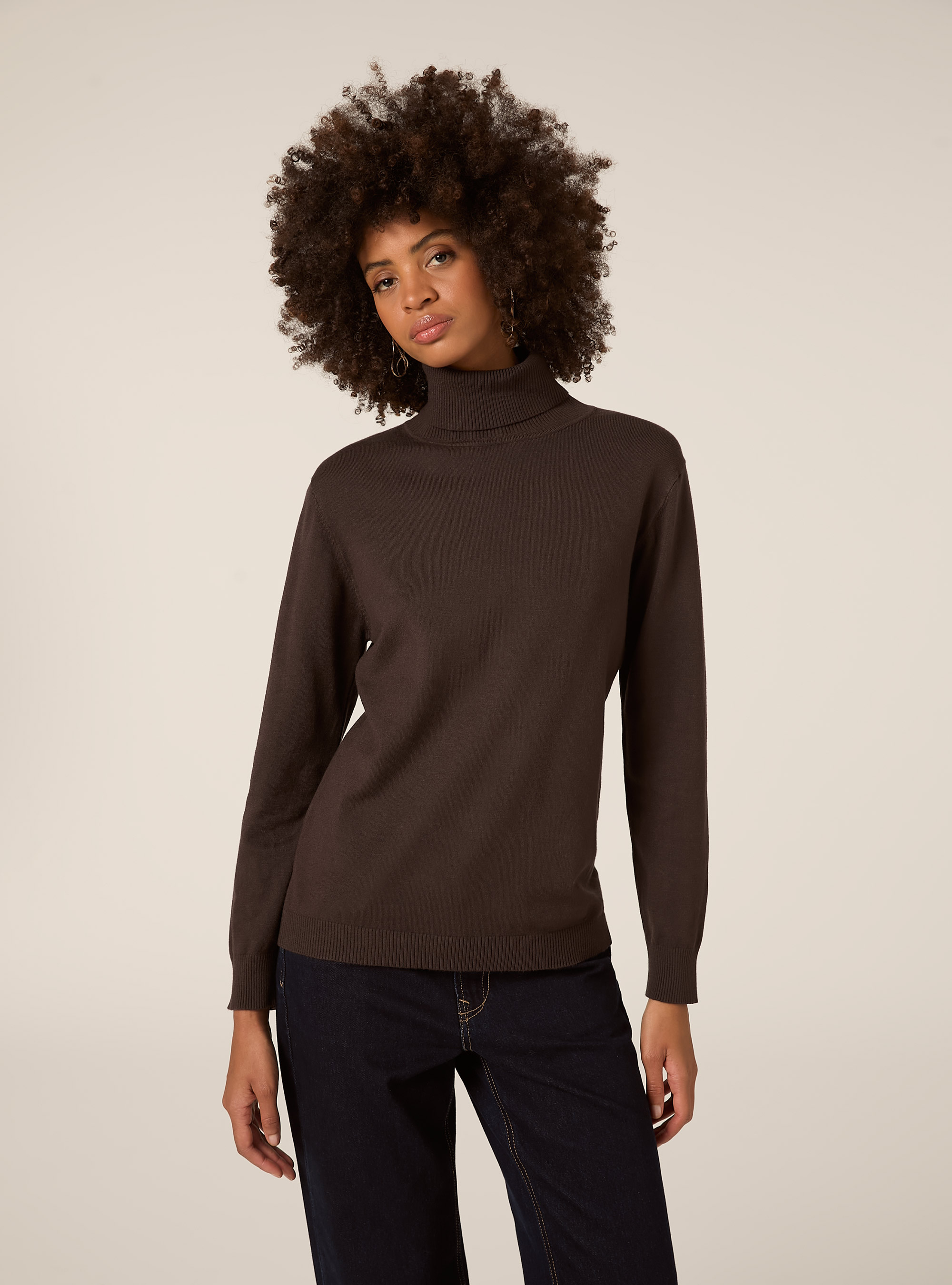 Jersey suave de cuello alto, BR1 BROWN DARK