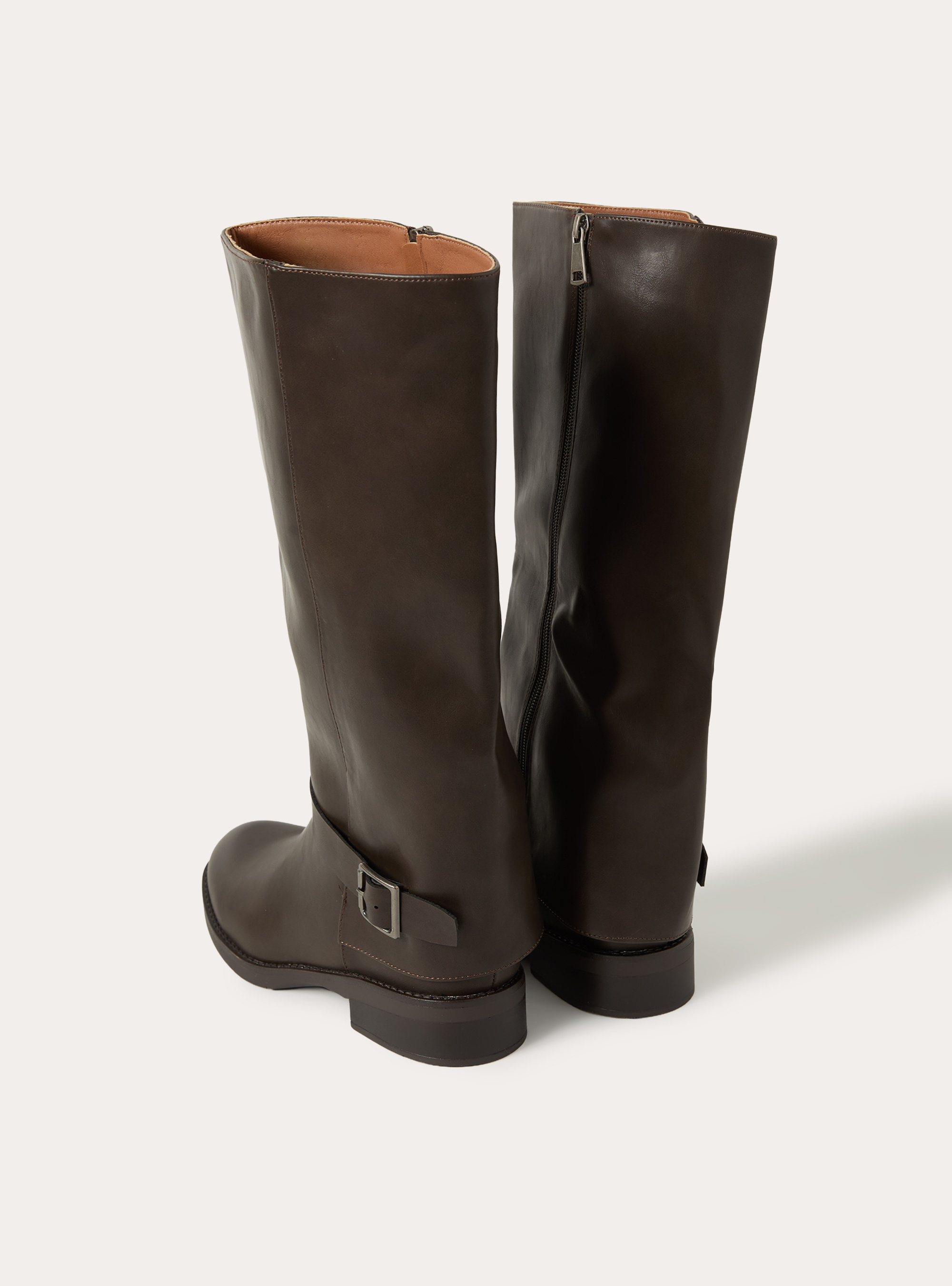 Bottes hautes en effet cuir style cavaliere avec boucle et zip, BR1 BROWN DARK