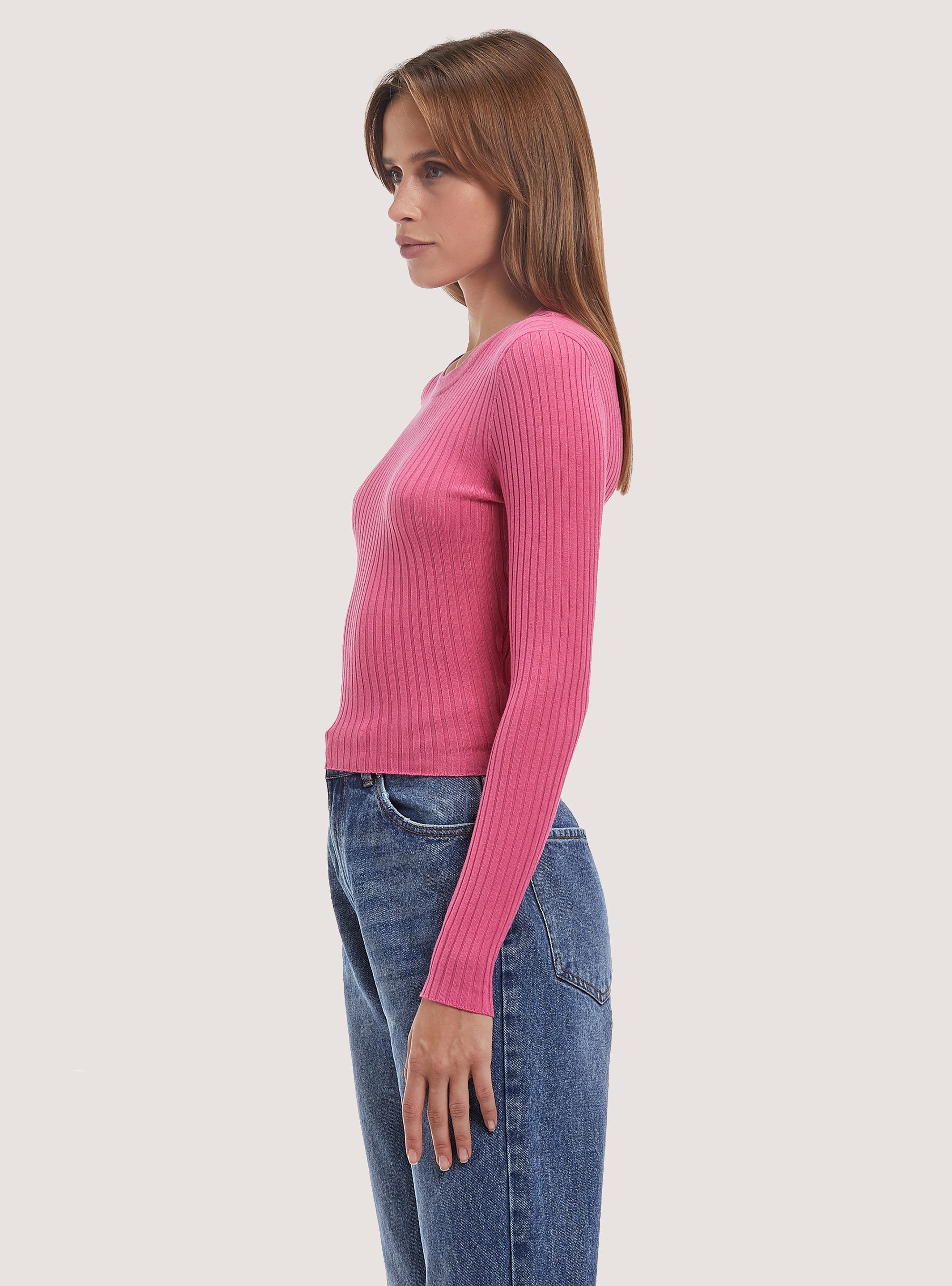 Soft cropped ribbed stretch pullover, MPK1 PINK MEL DARK