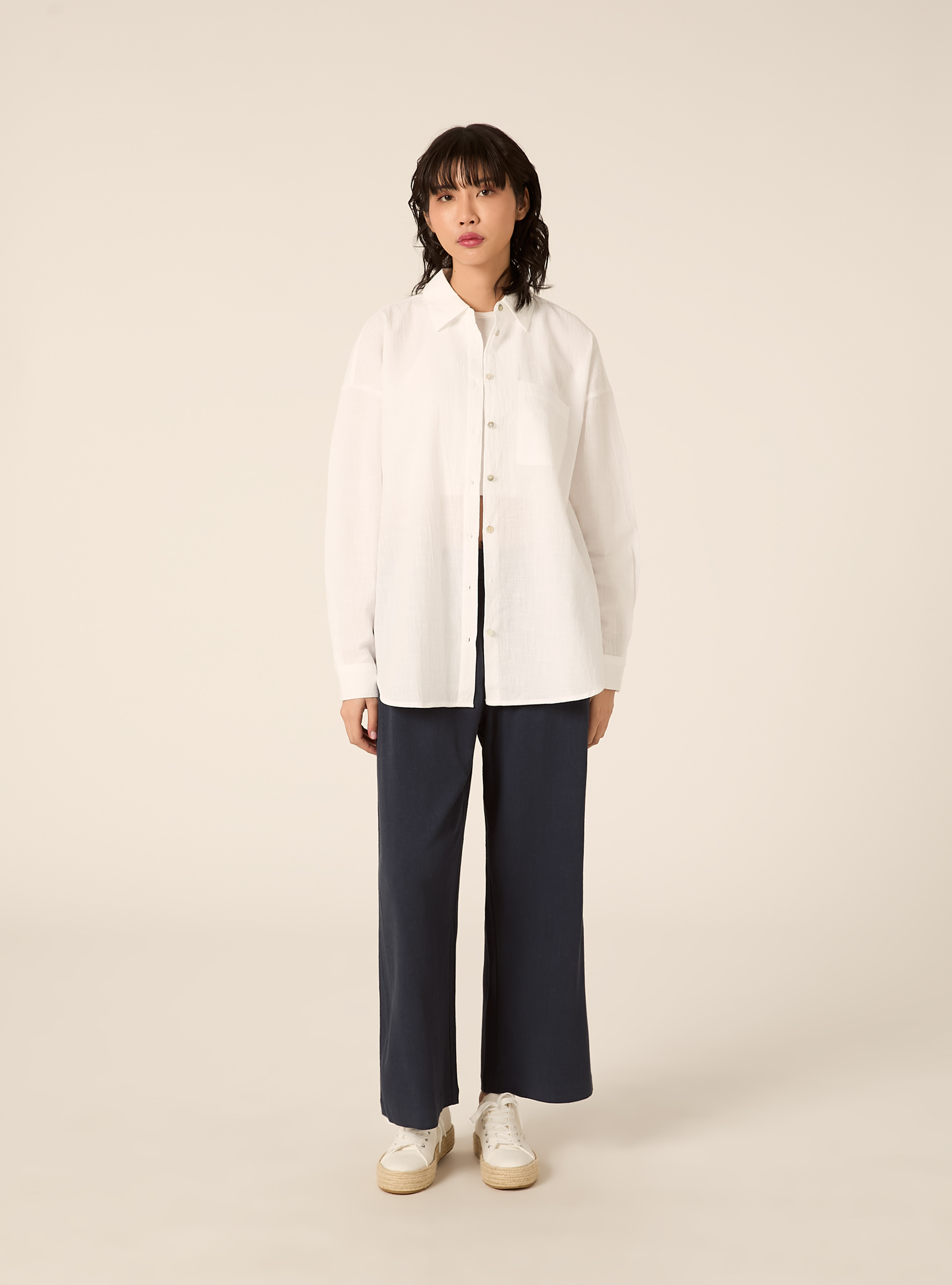 Camicia oversize con tasca, PANNA