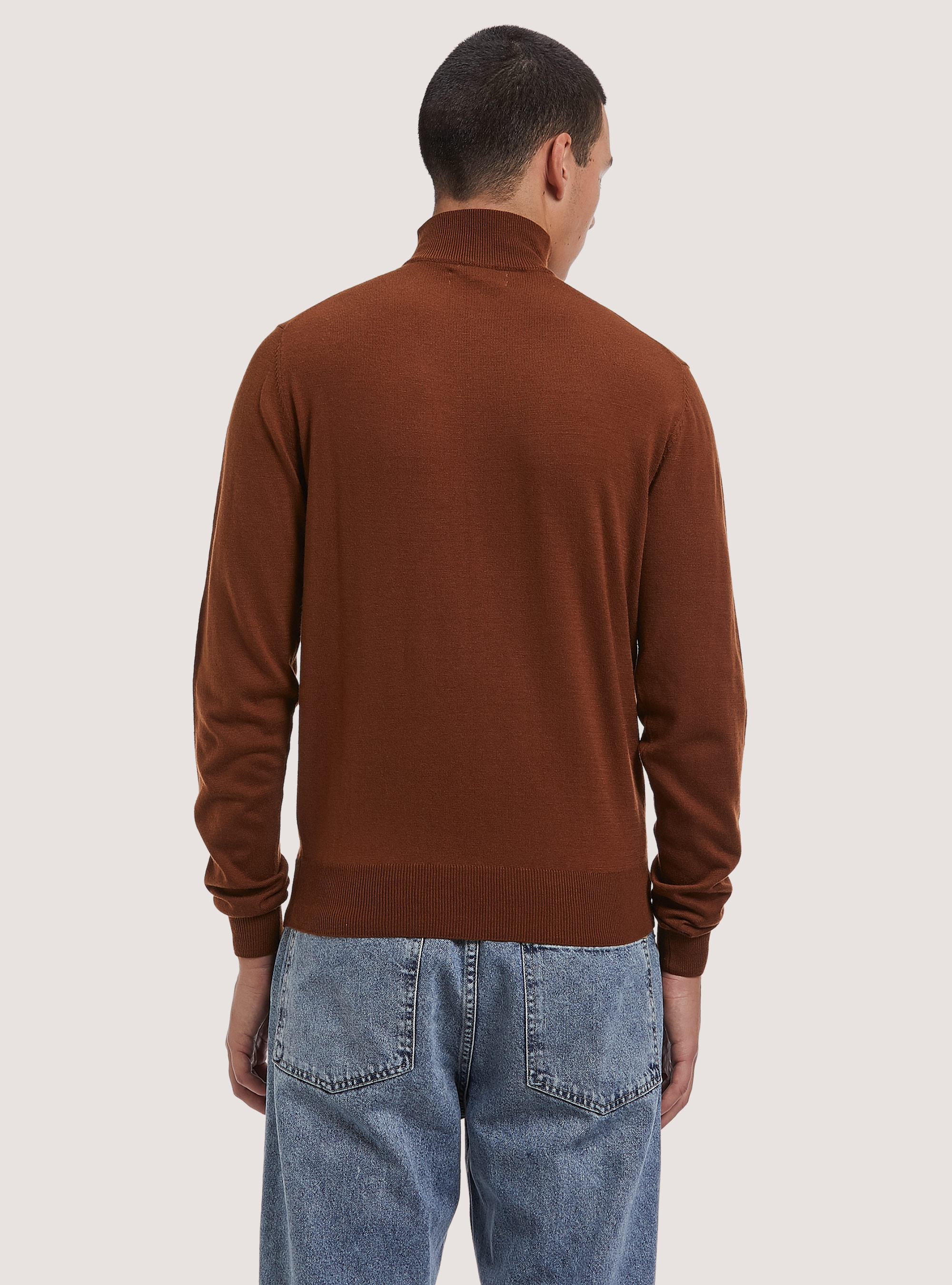 Merino wool zip half-neck pullover, TB1 TOBACCO DARK