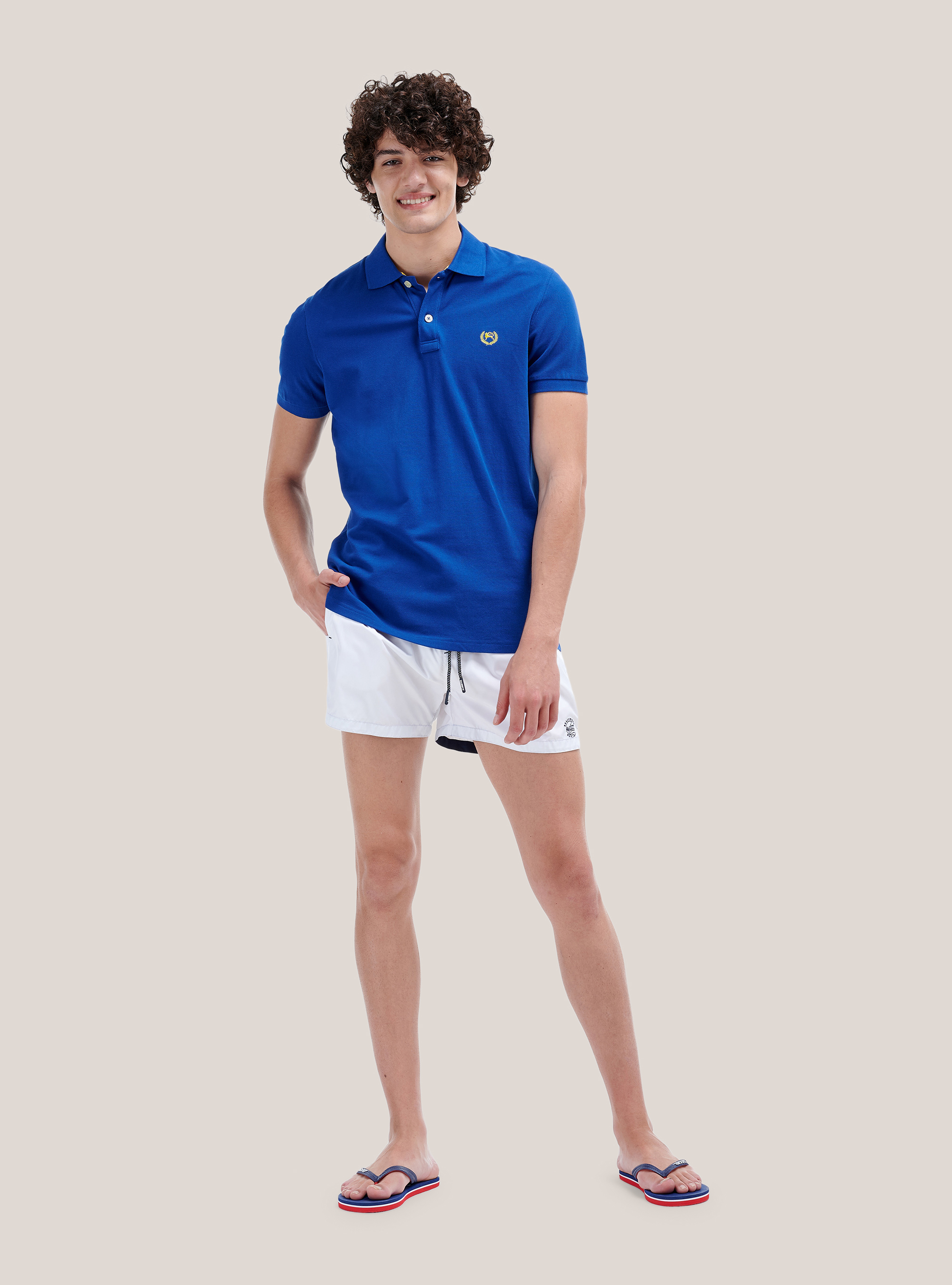 Color solid swimsuit with front embroidery and back pocket., WHITE