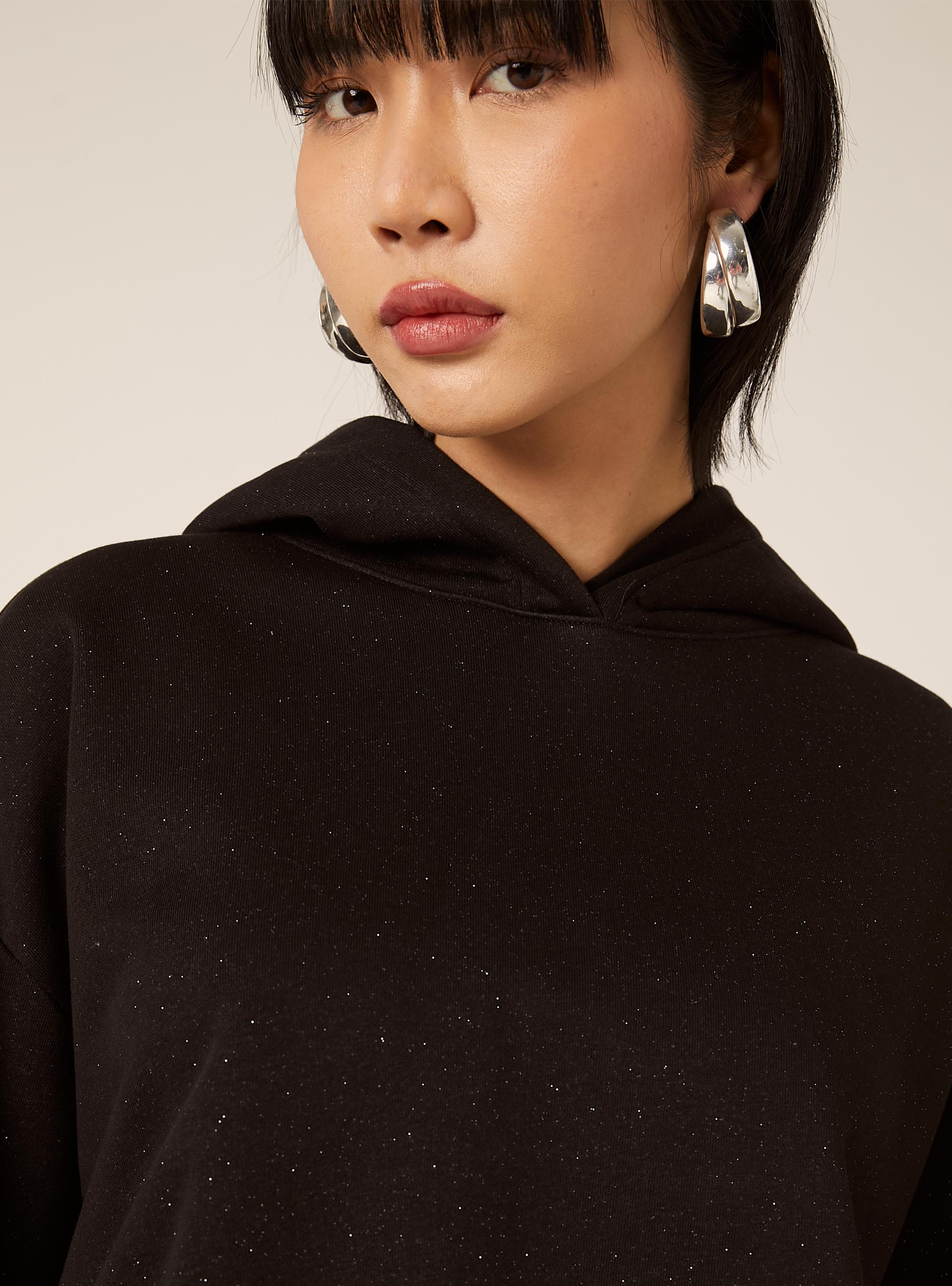 Felpa boxy con cappuccio con glitter, BK1 BLACK