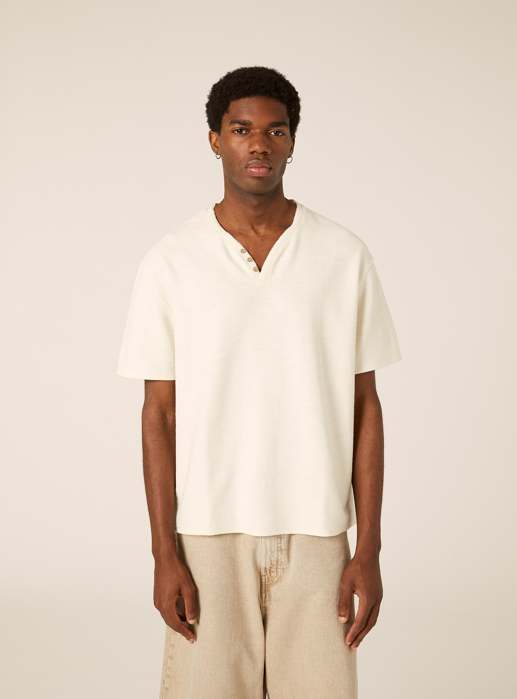 Camiseta de cuello panadero en tejido waffle, WH2 WHITE