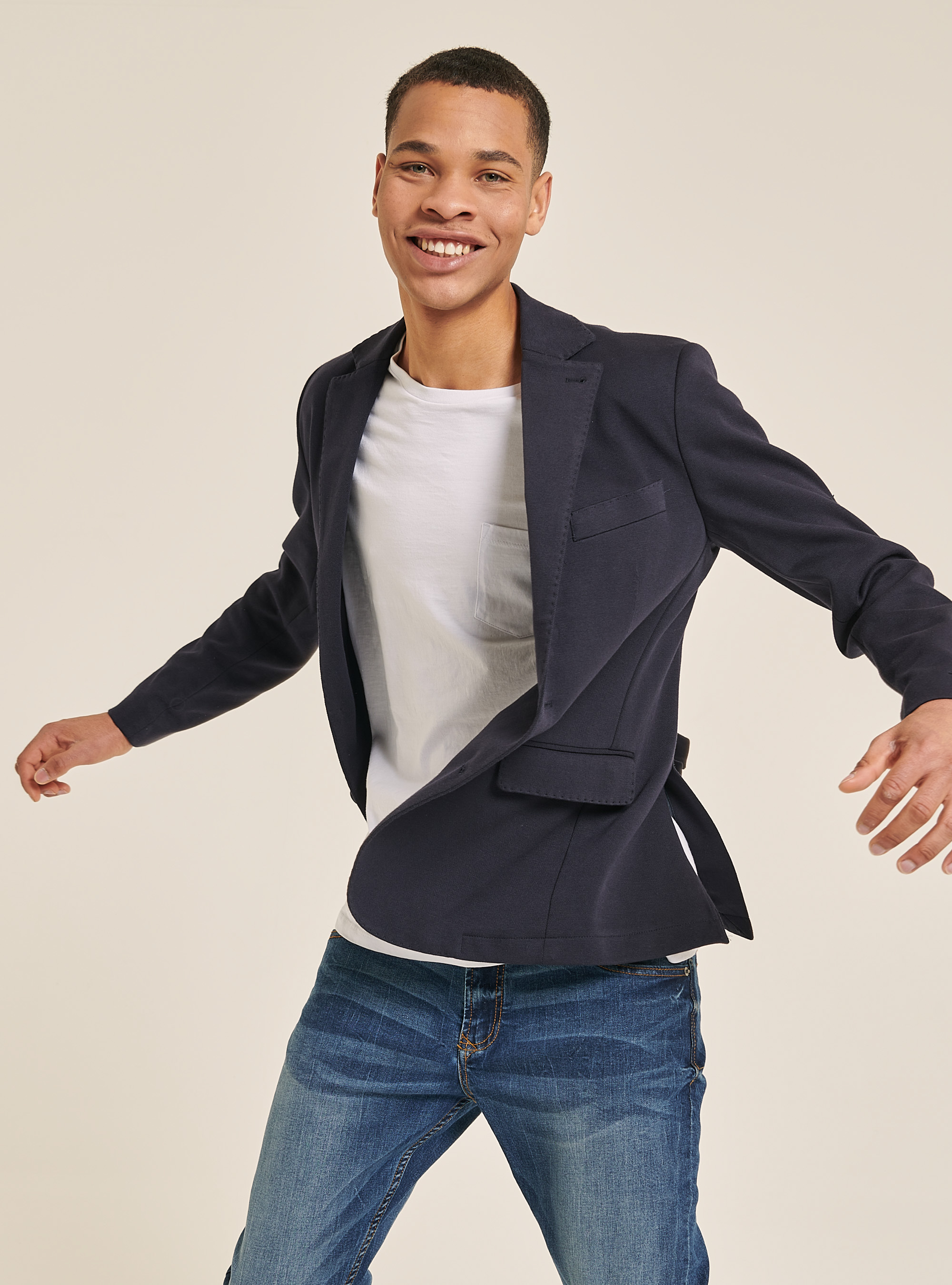 Blazer in cotone piquet, BLU MARINO