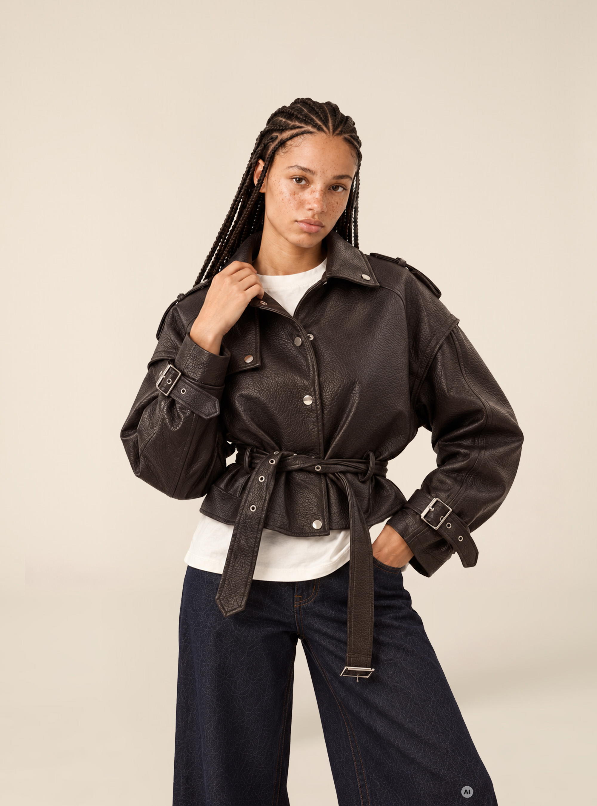 Cropped faux leather trench jacket with belt, BR1 BROWN DARK