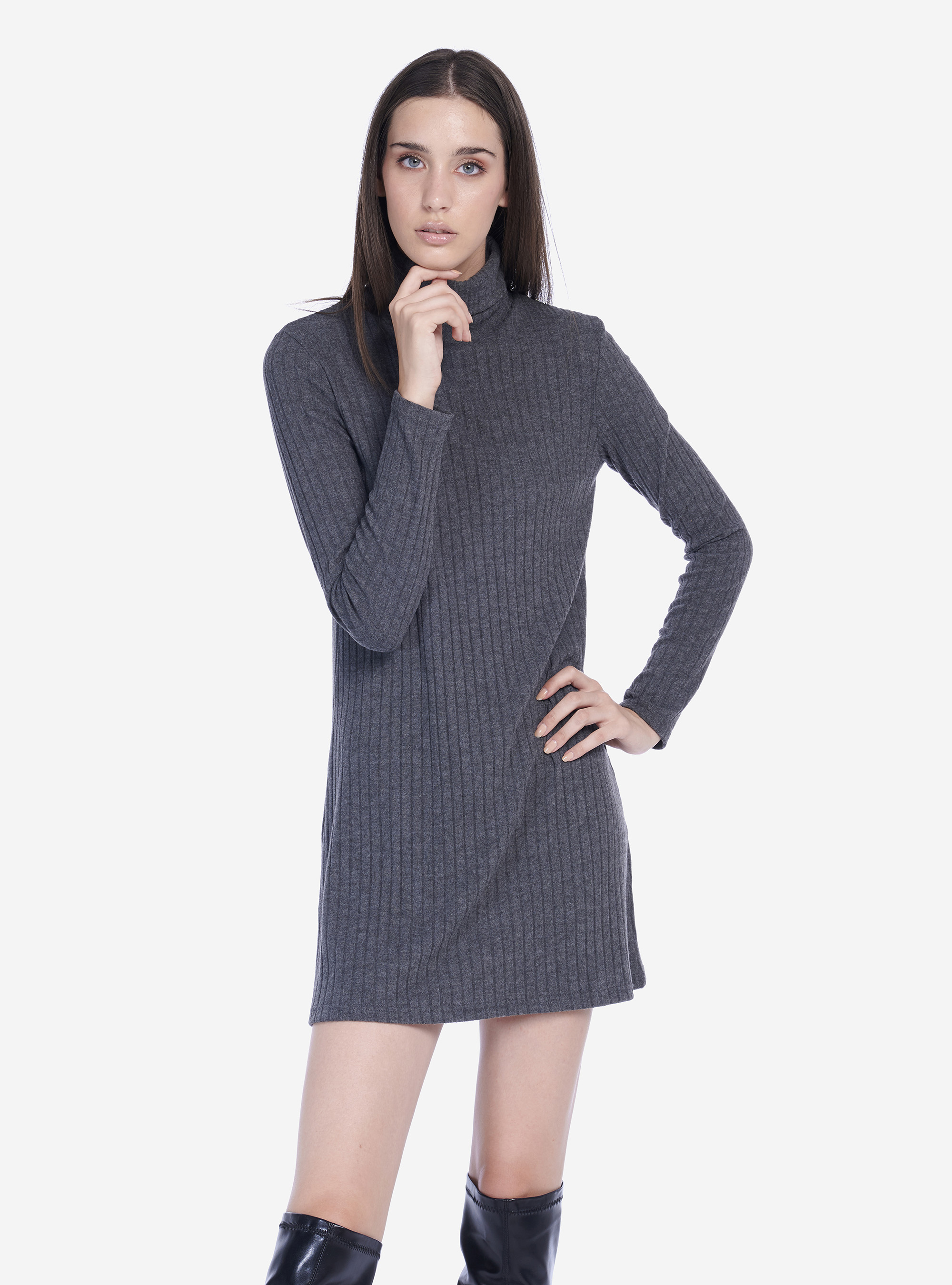 Robe courte a col roulè et cotelèe, C150 GREY M