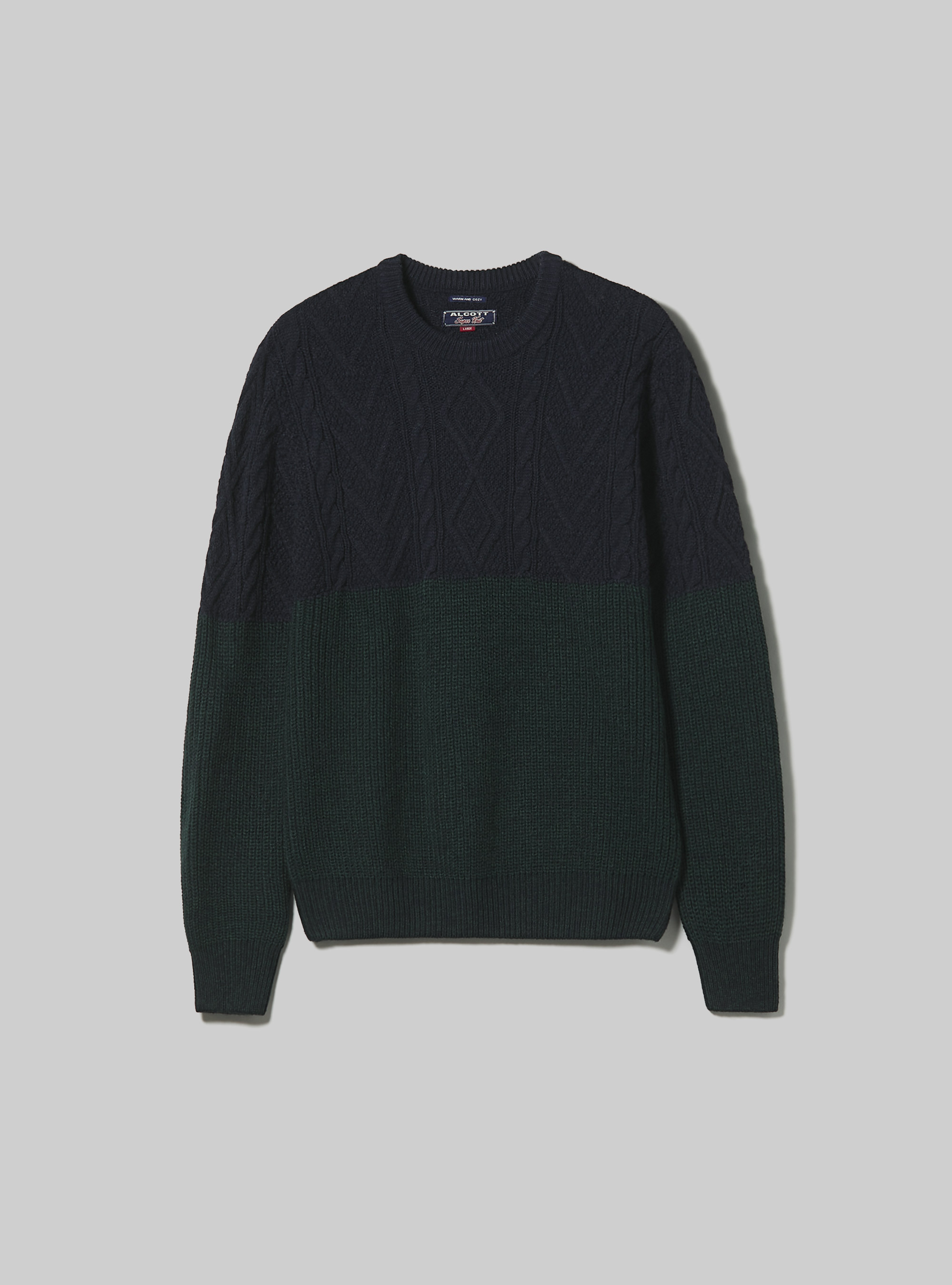 Pullover color block in misto lana con lavorazione a trecce, NA1 NAVY DARK