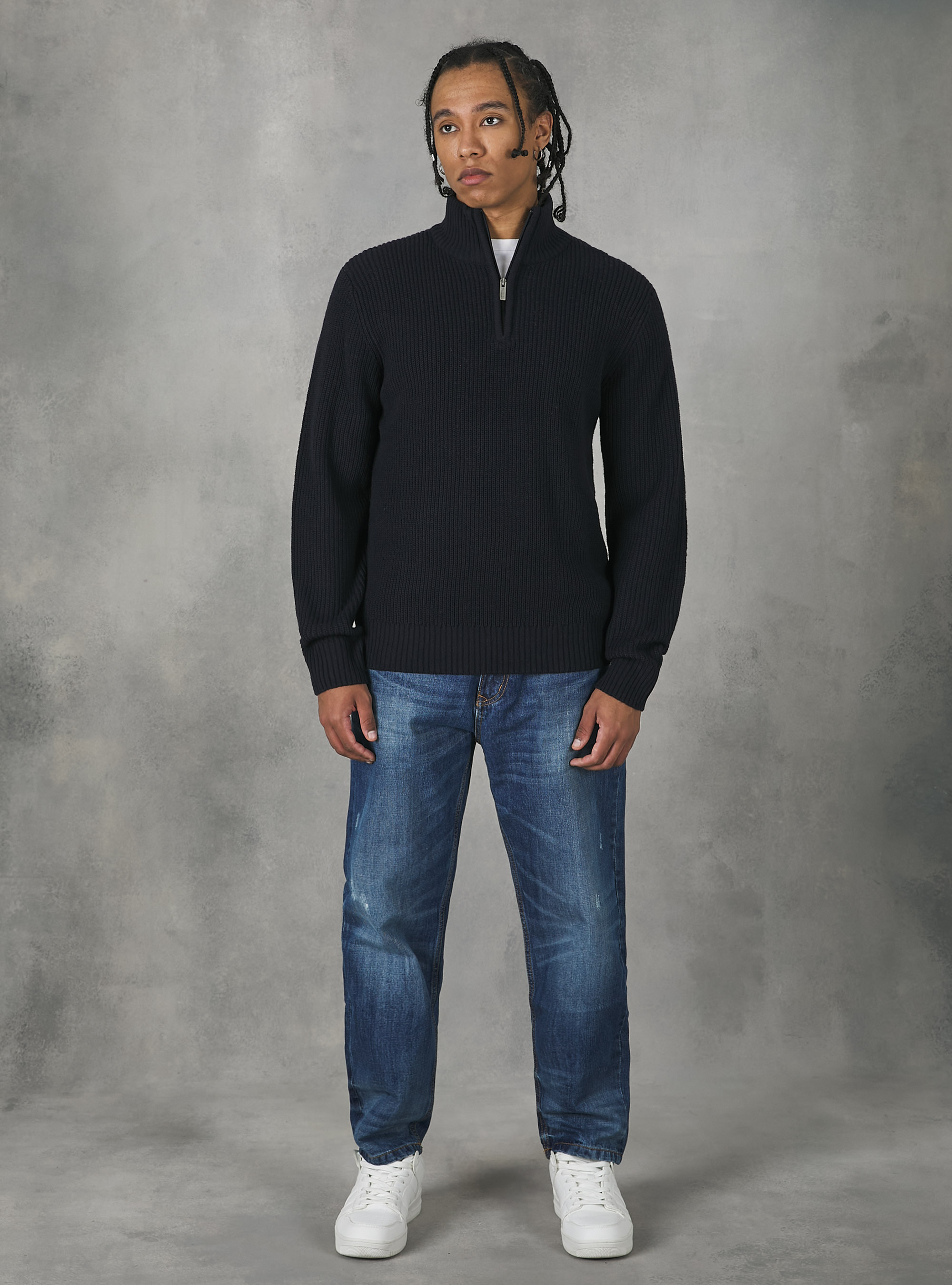 High neck pullover with half zip, NA1 NAVY DARK