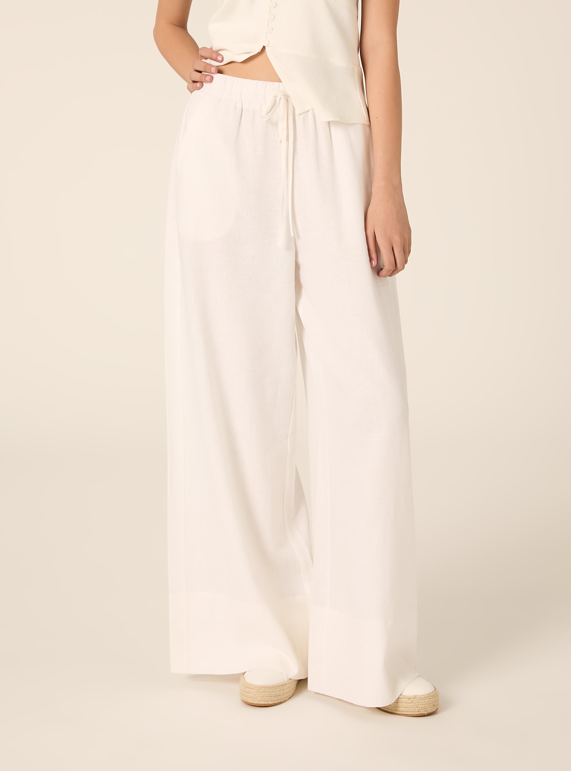 Pantaloni lunghi loose fit in misto lino, PANNA