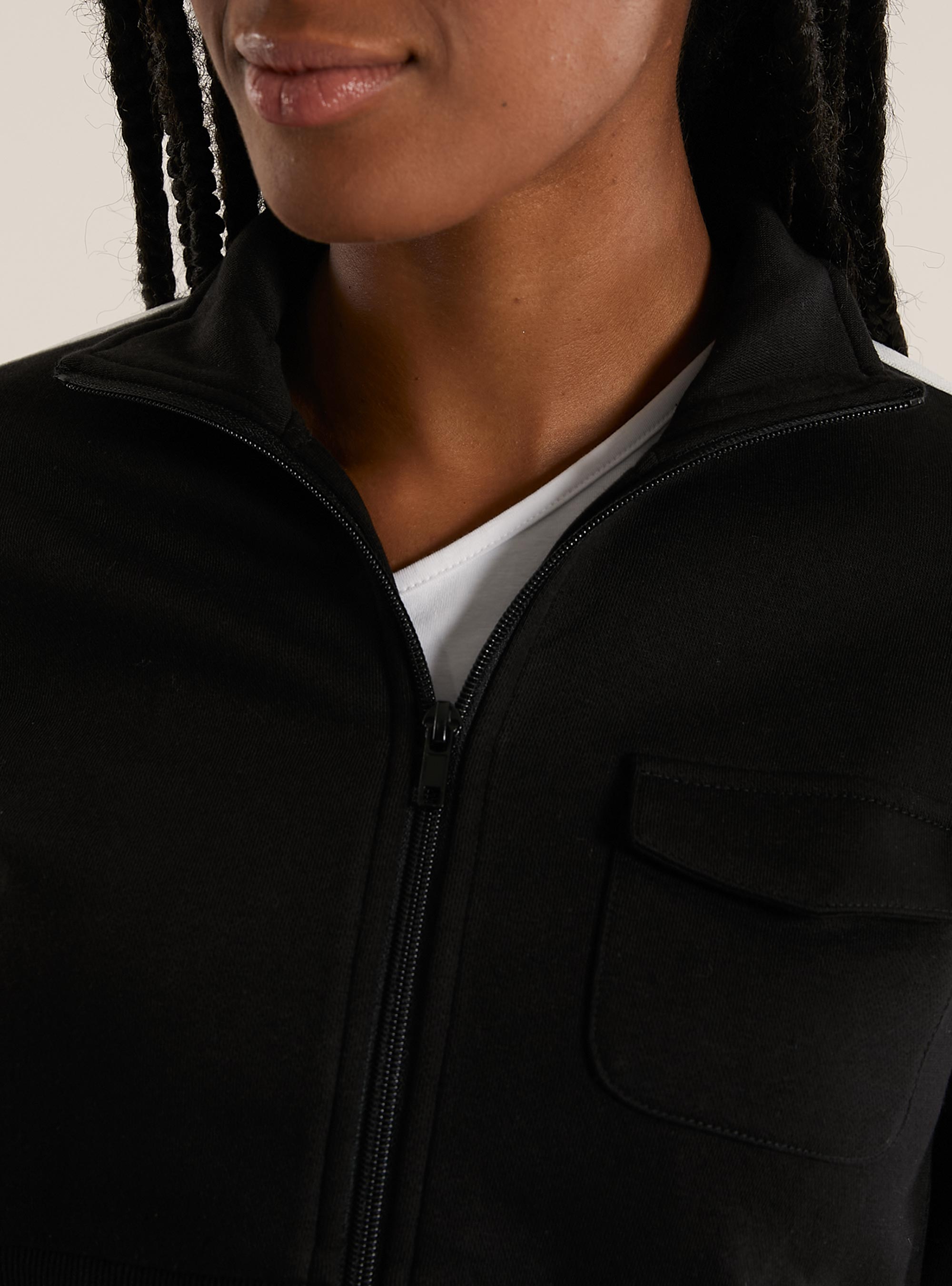 Sweatshirt with zipper and side bands, BK1 BLACK