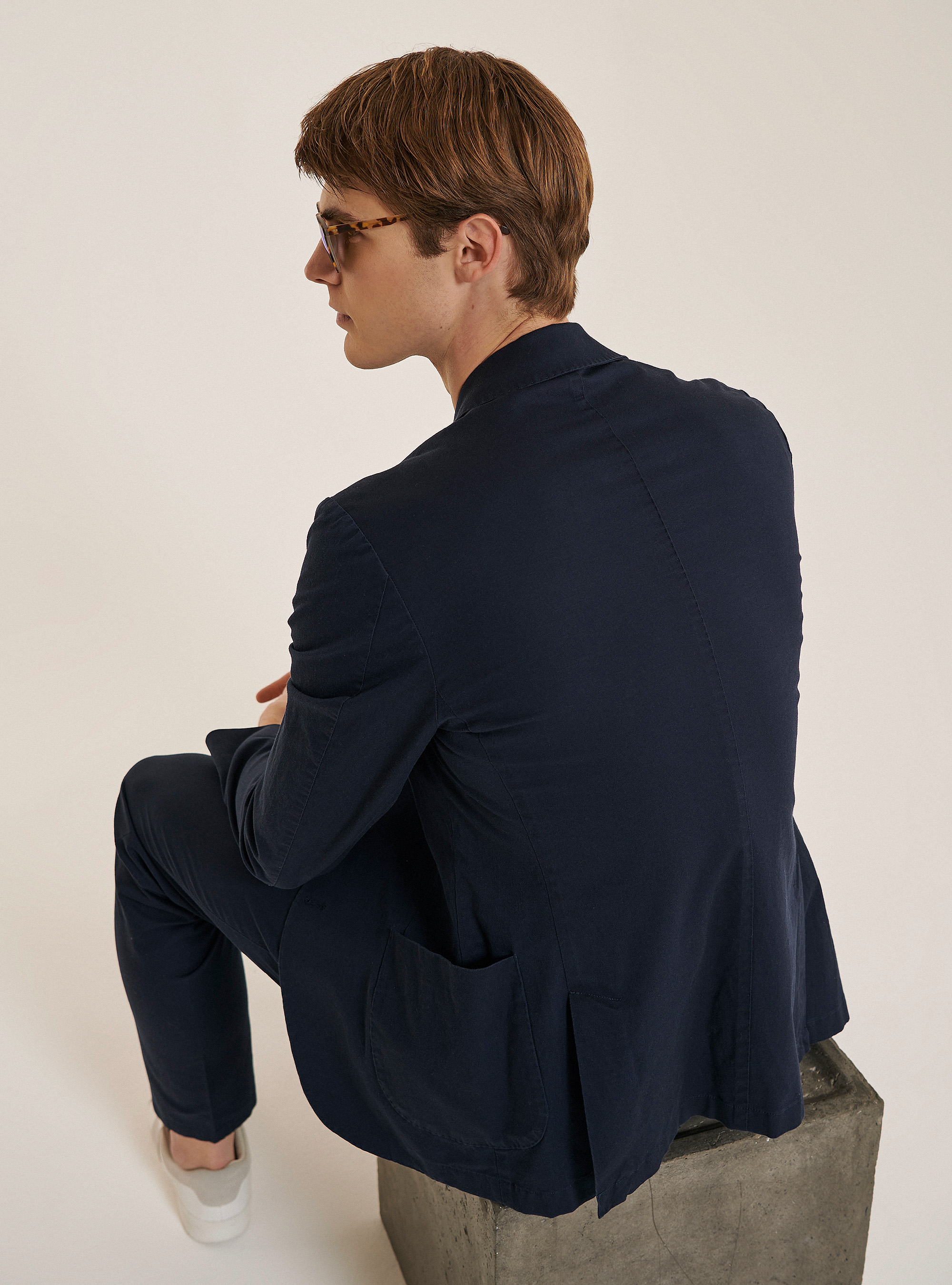 Giacca monopetto con tasca a toppa in misto lino, BLUE NAVY