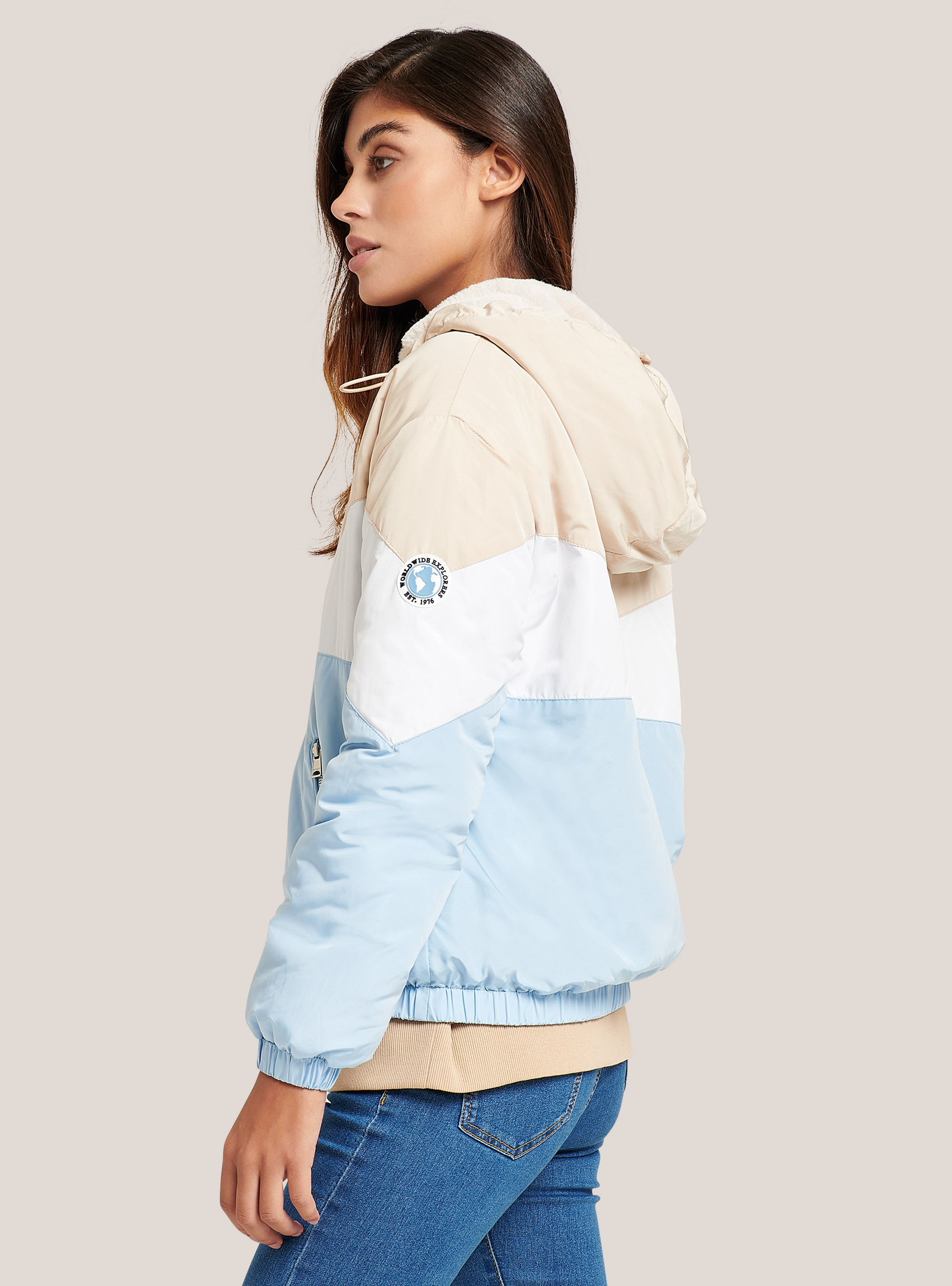 Colour block jacket with faux fur hood, C176 AZZURRE