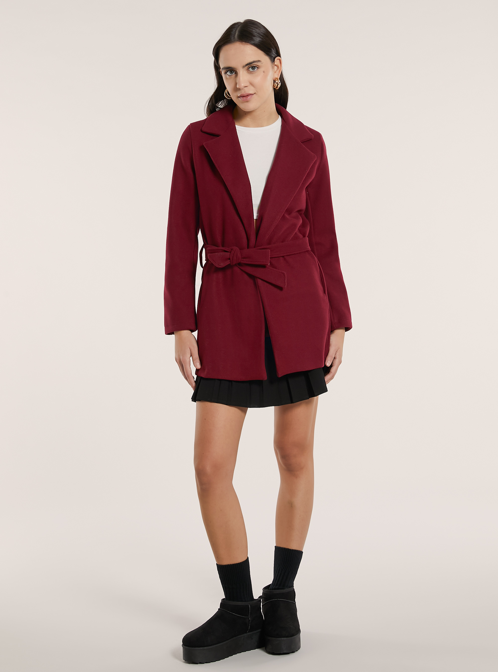 Cappotto in panno con cintura, RD1 RED DARK
