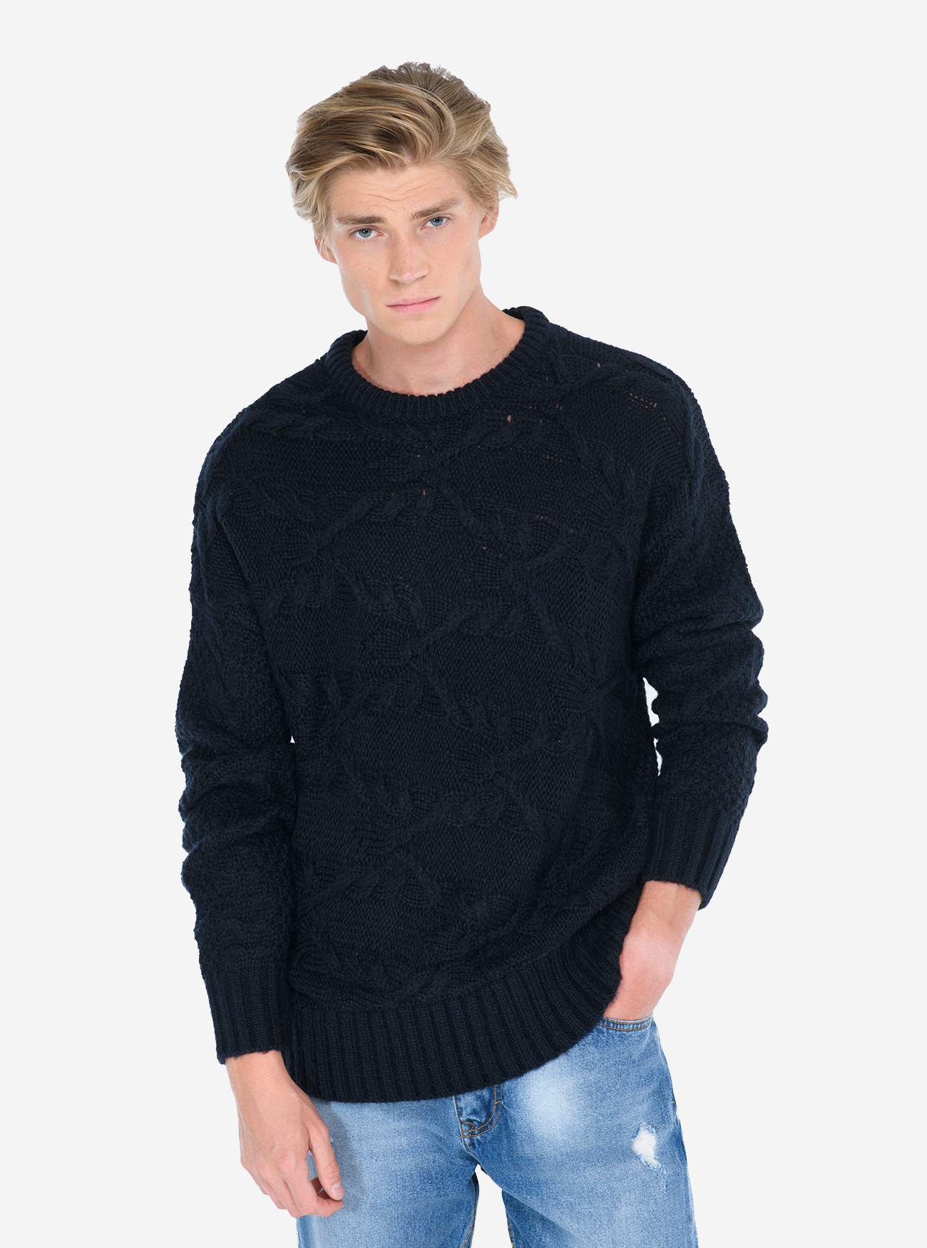 Pullover trecce orizzontali, BLUE NAVY