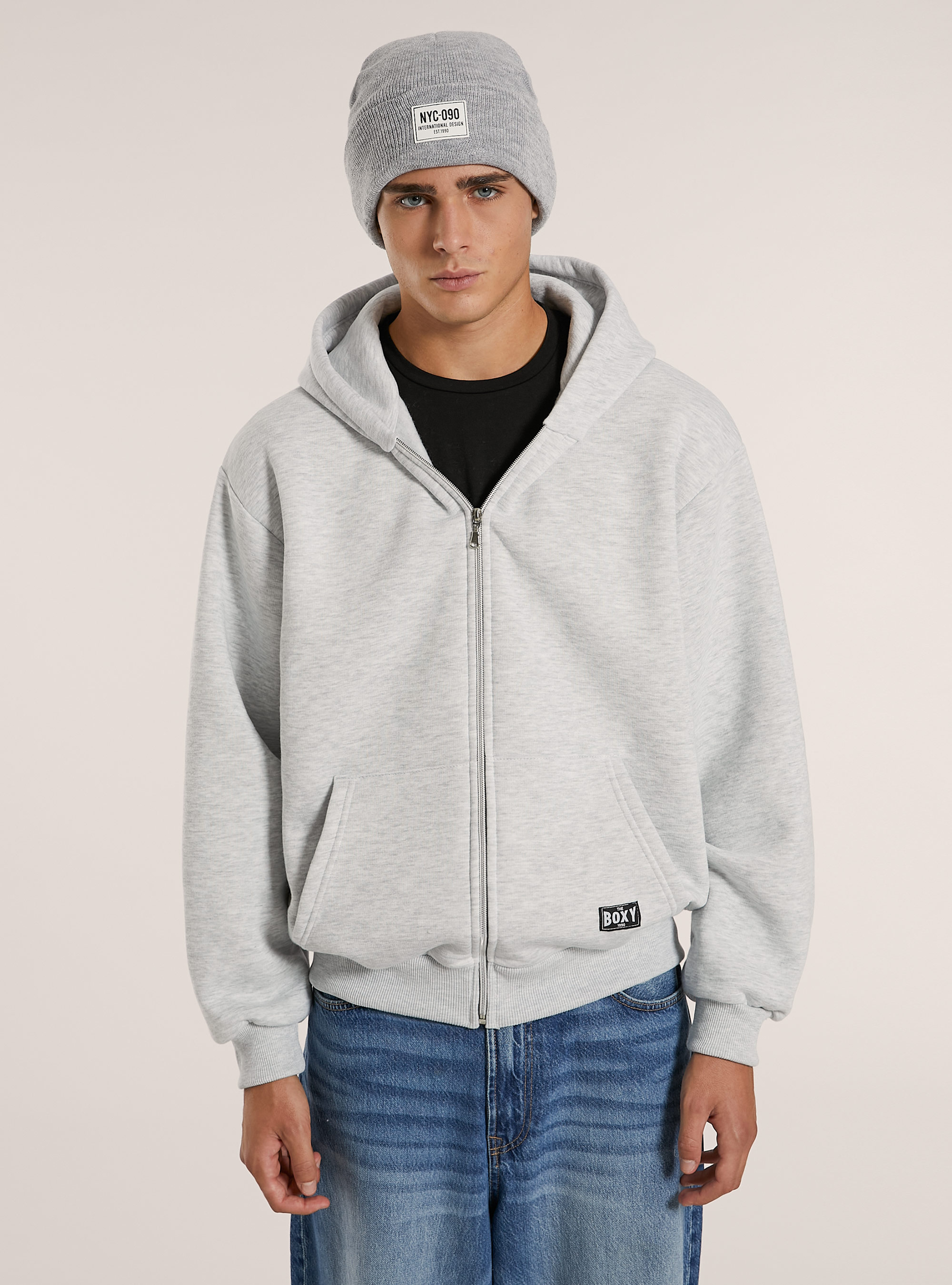 Sweatshirt mit Reißverschluss und kastenförmiger Kapuze, MGY3 GREY MEL LIGHT