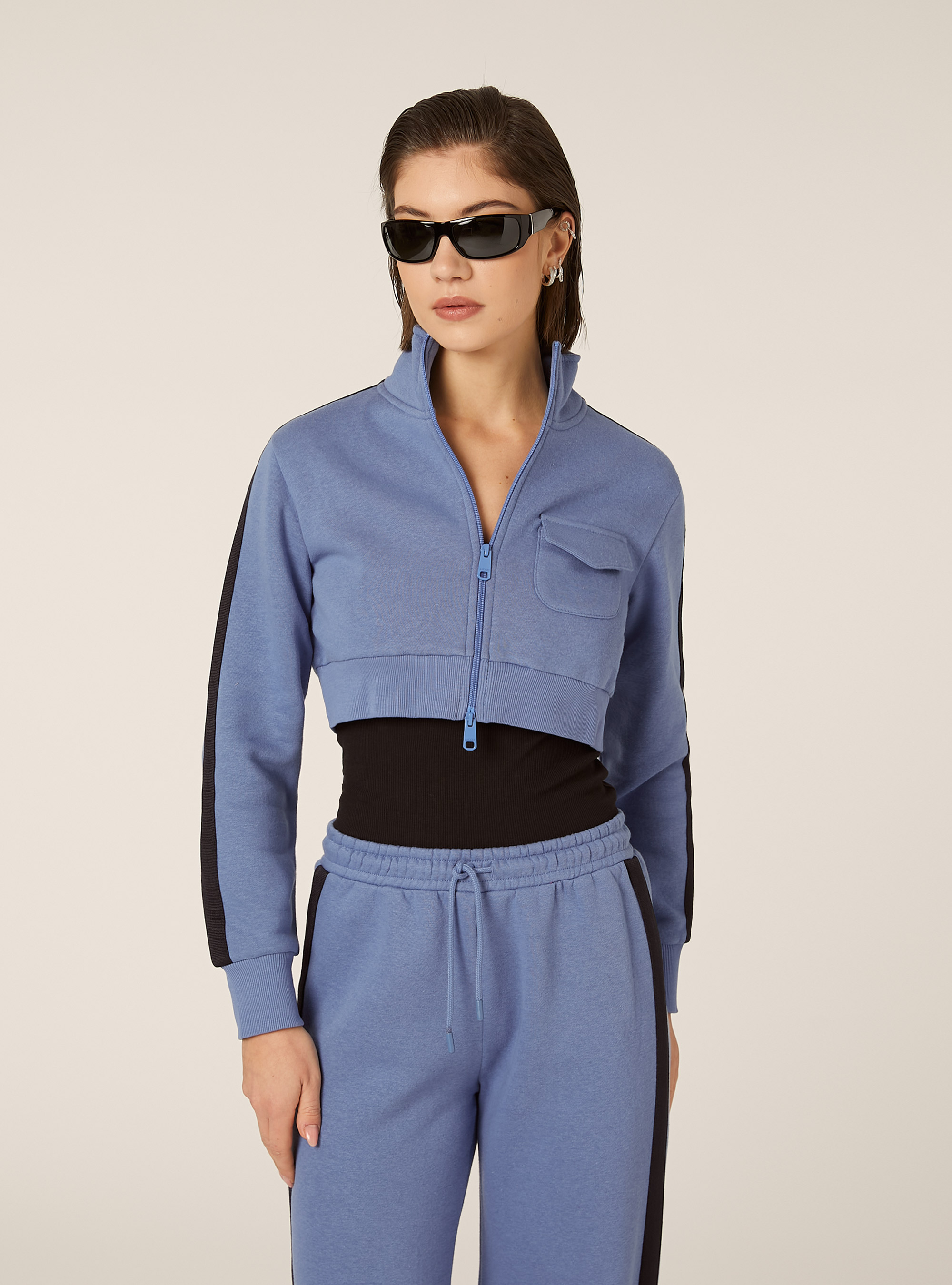 Felpa cropped zip con bande laterali, AZ1 AZURE DARK