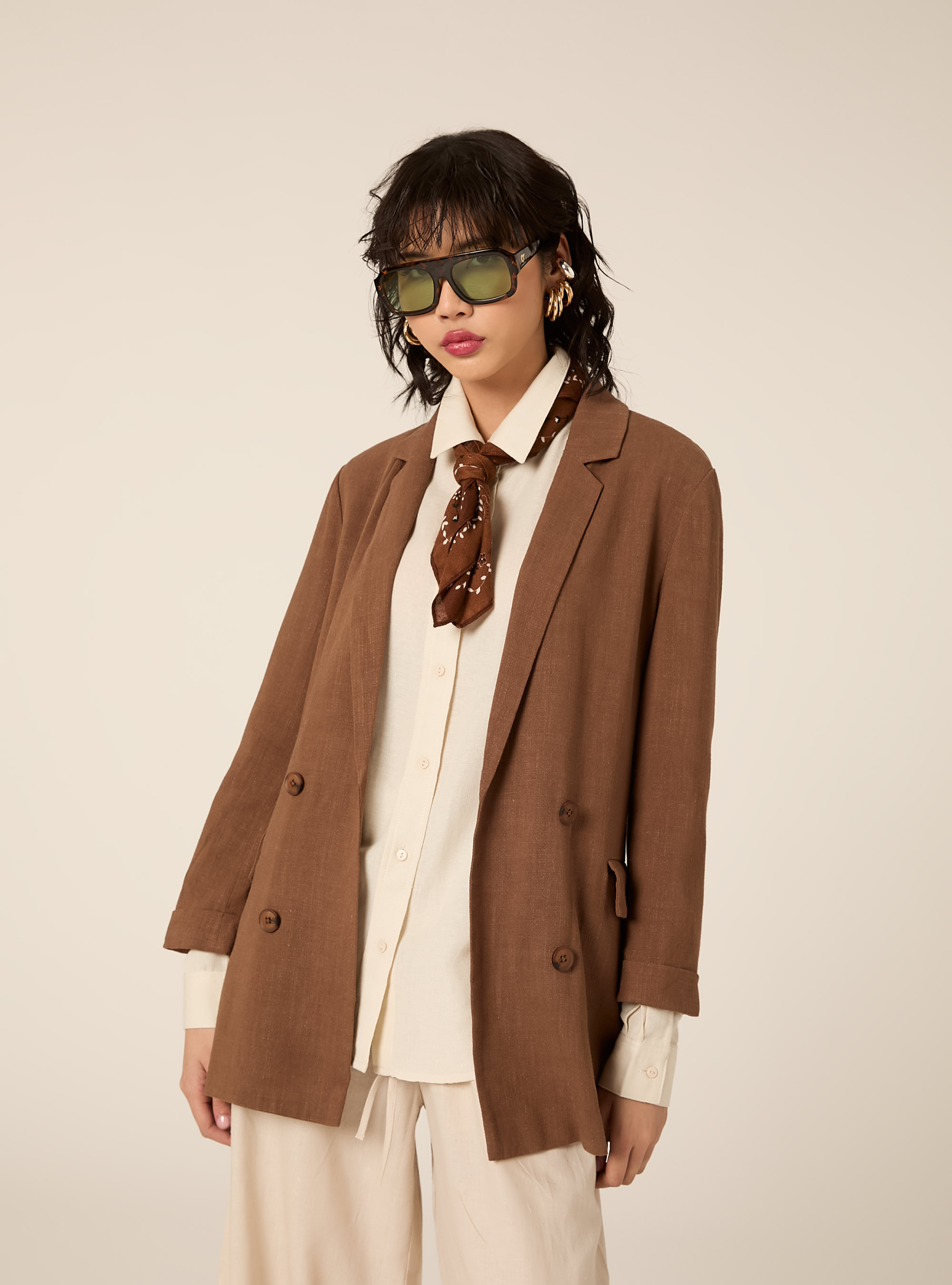 Blazer doppiopetto in misto lino, BR3 BROWN LIGHT