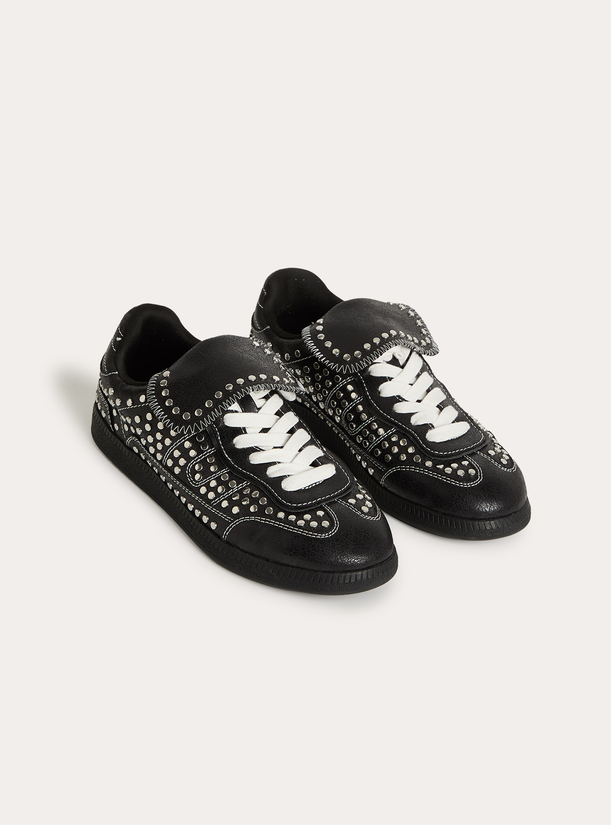 Studded leather look sneakers with fold over tongue, BK1 BLACK