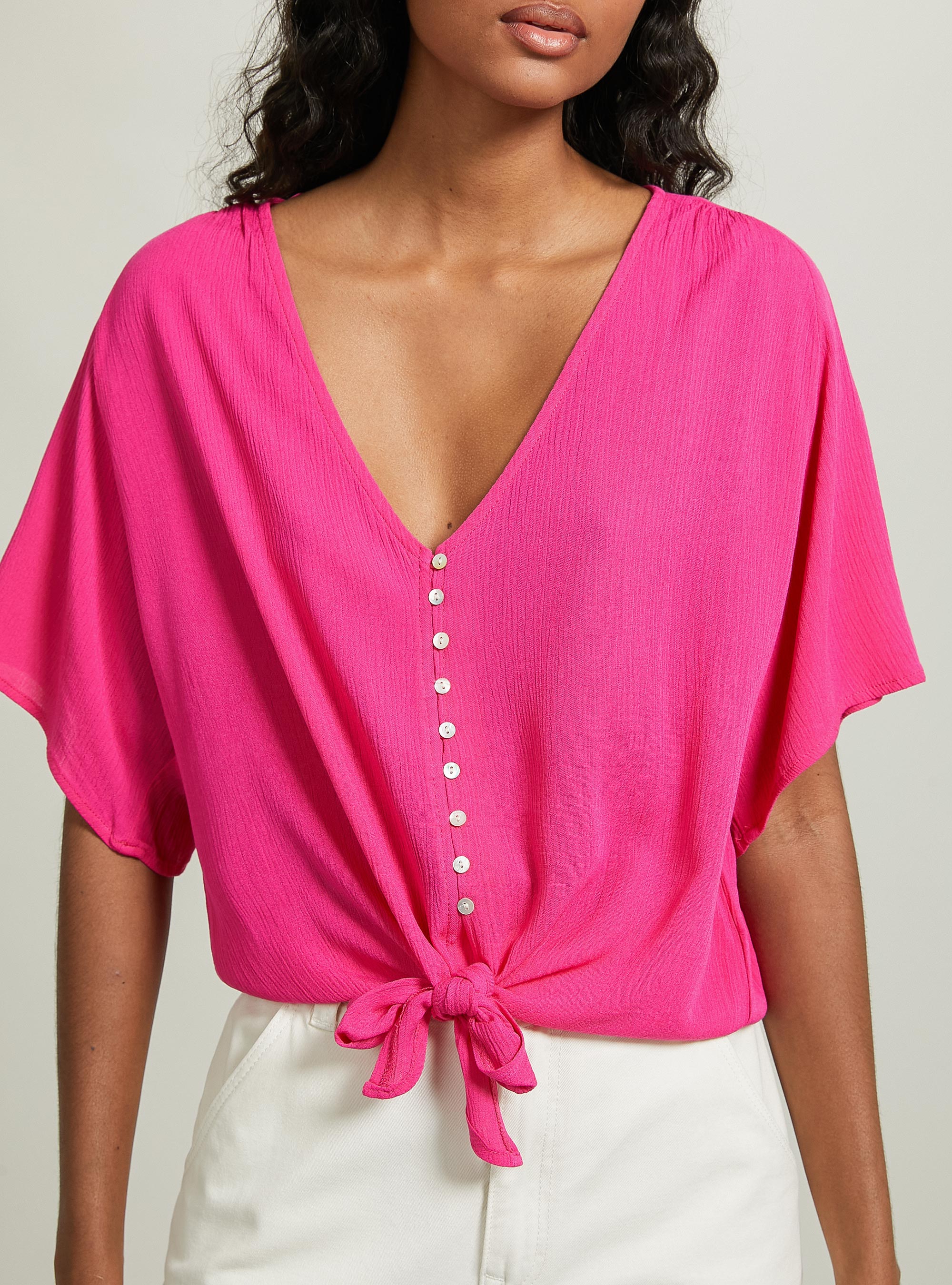 Solid colour v-neck shirt with waist knot, FX2 FUXIA MEDIUM