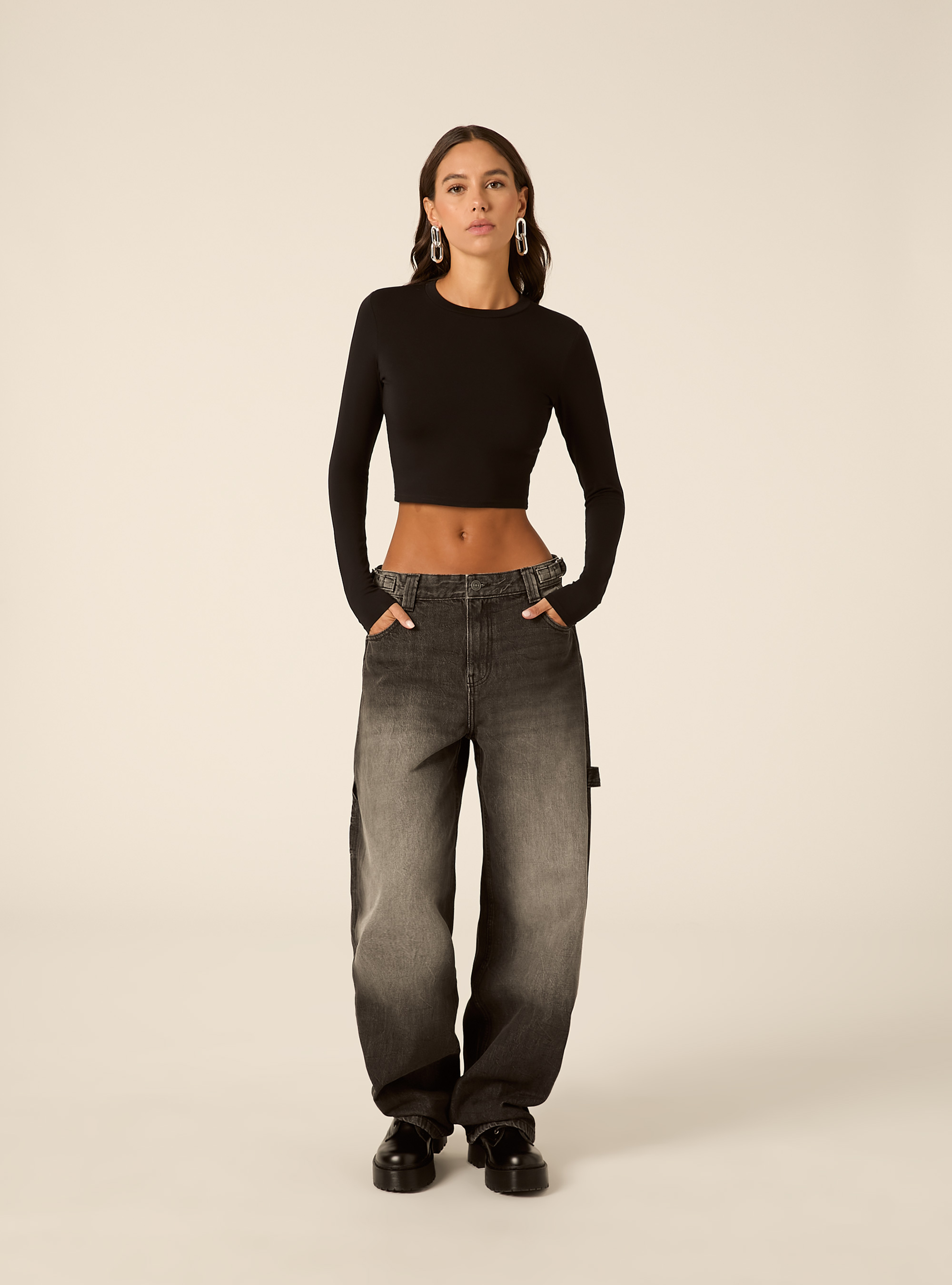 Maglia crop a maniche lunghe, BK1 BLACK
