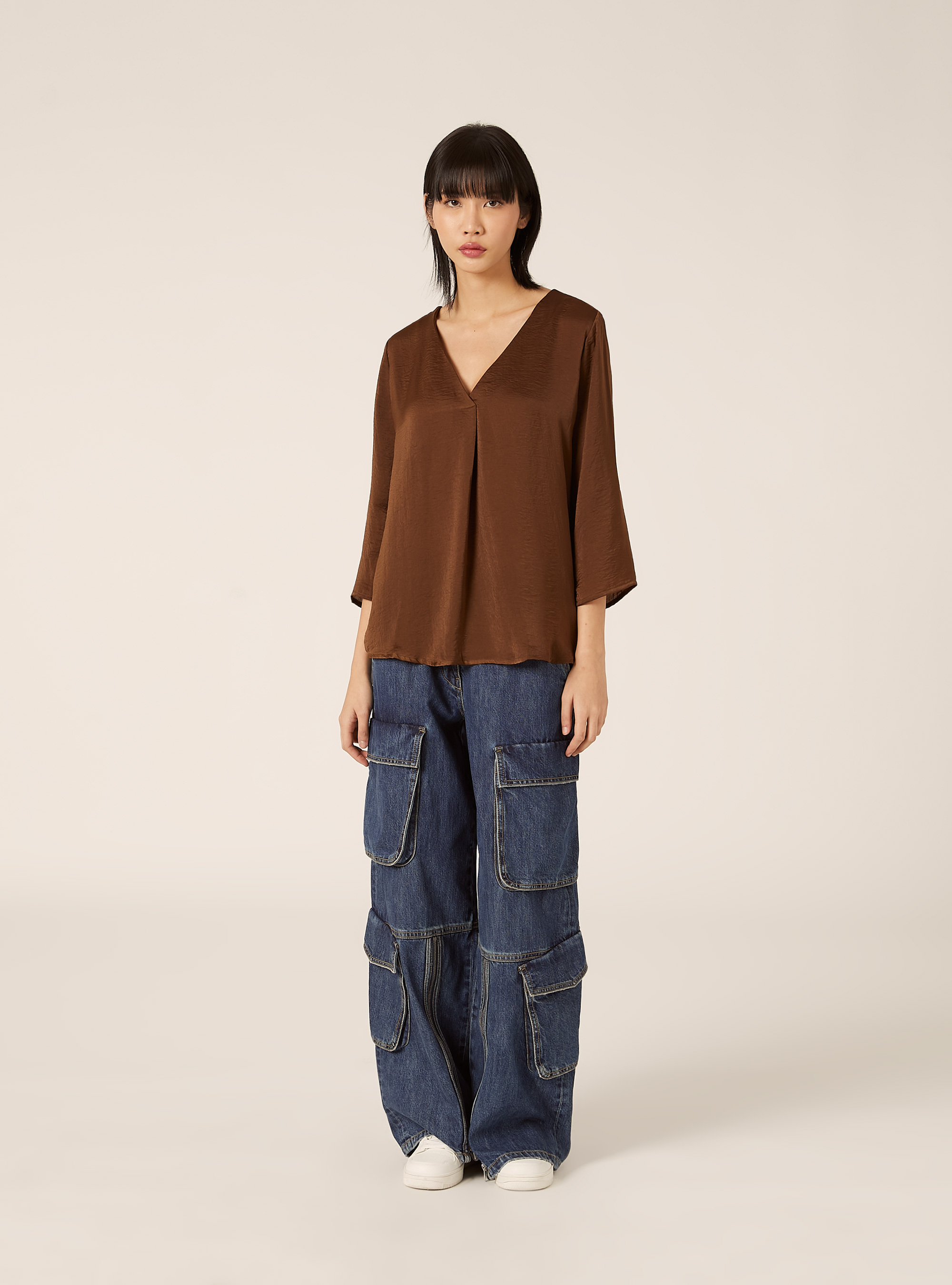 Plain neckline blouse, BR2 BROWN MEDIUM