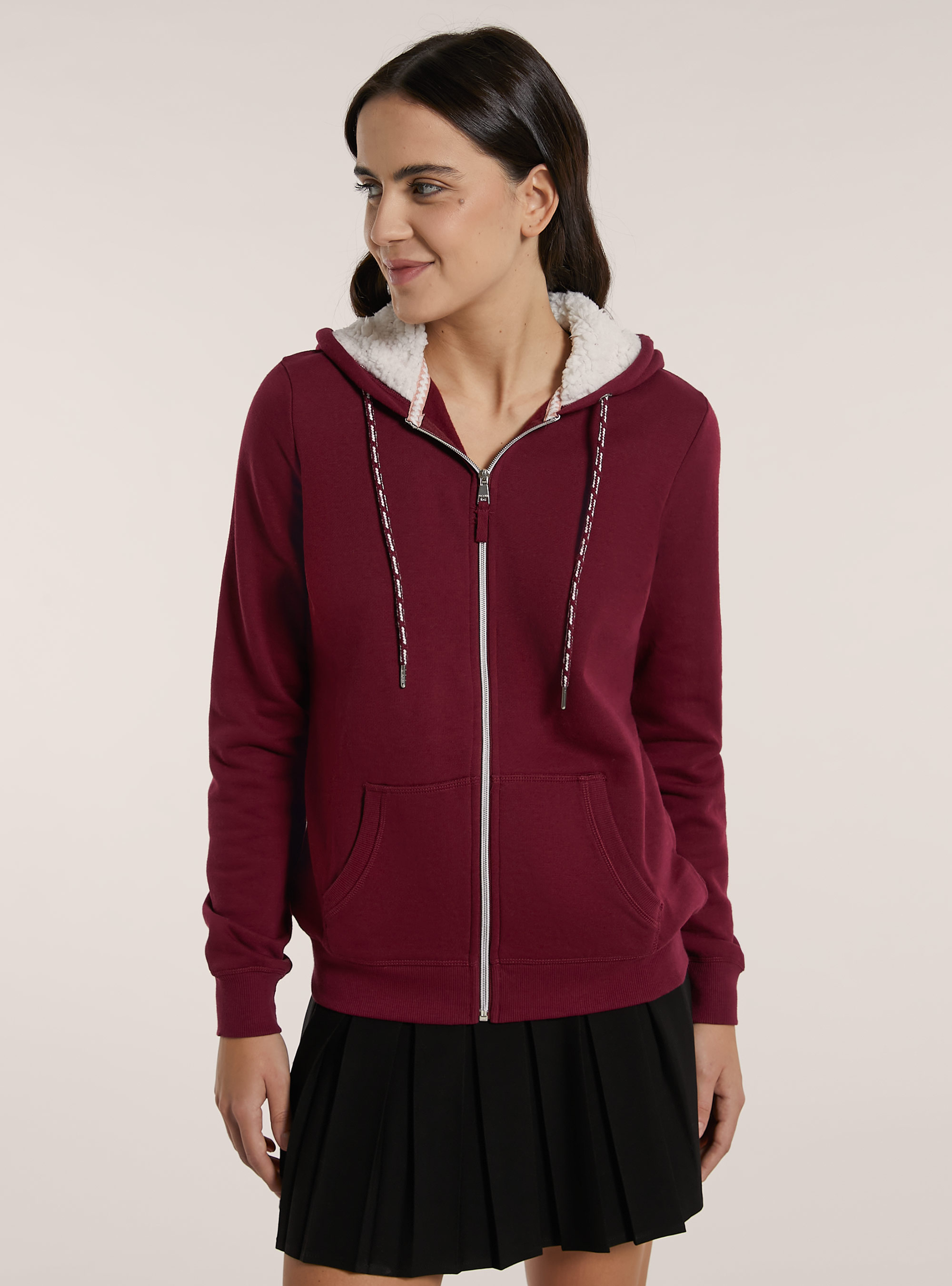 Sweat-shirt avec fermeture éclair et capuche en fausse fourrure, C411 PURPLE