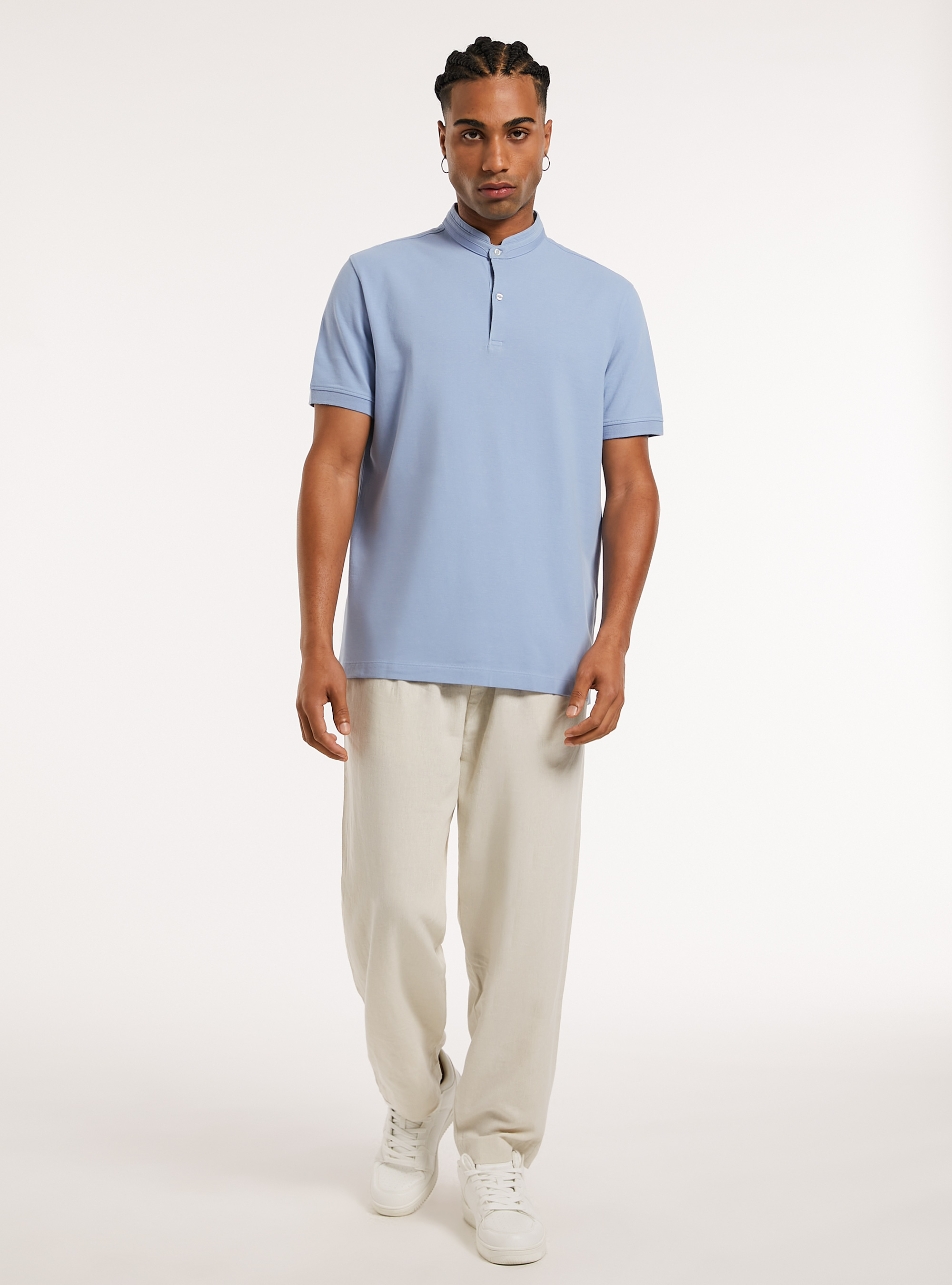 Mandarin Collar Cotton Polo Shirt, AZ2 AZURE MEDIUM