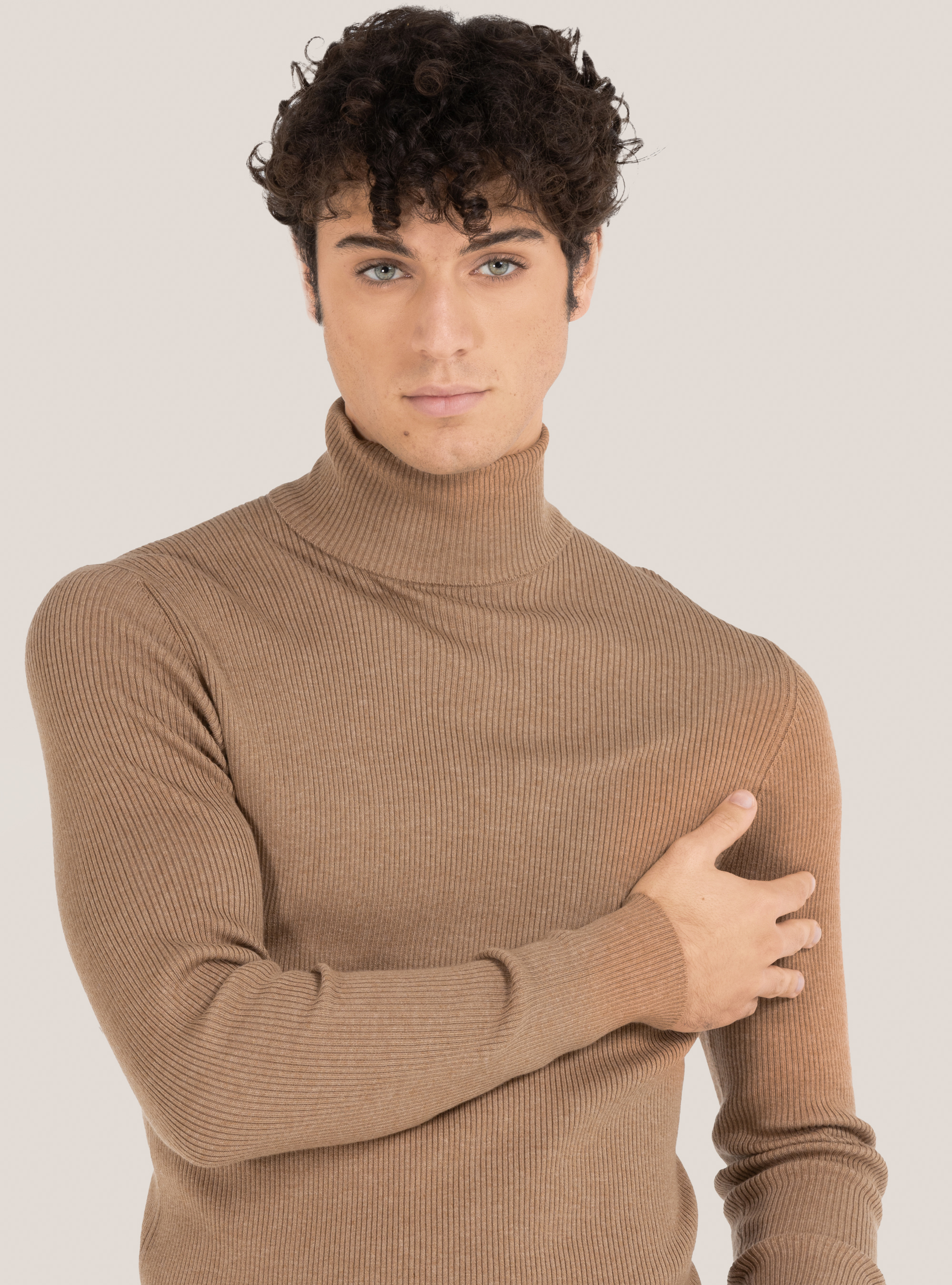 Ribbed turtleneck pullover, BEIGE