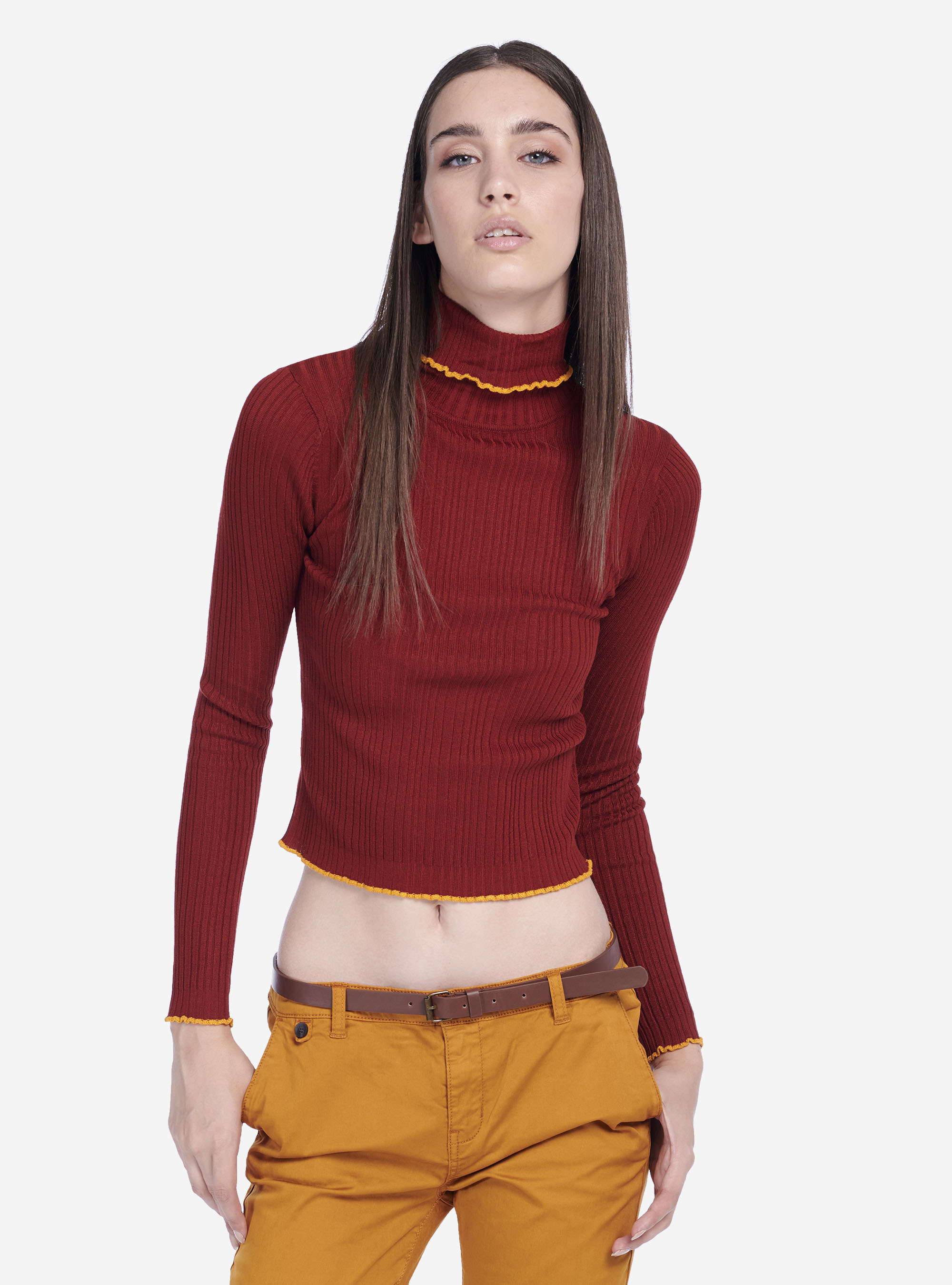 HIGH-NECKED PULLOVER WITH WAVY ENDS, DARK ORANGE