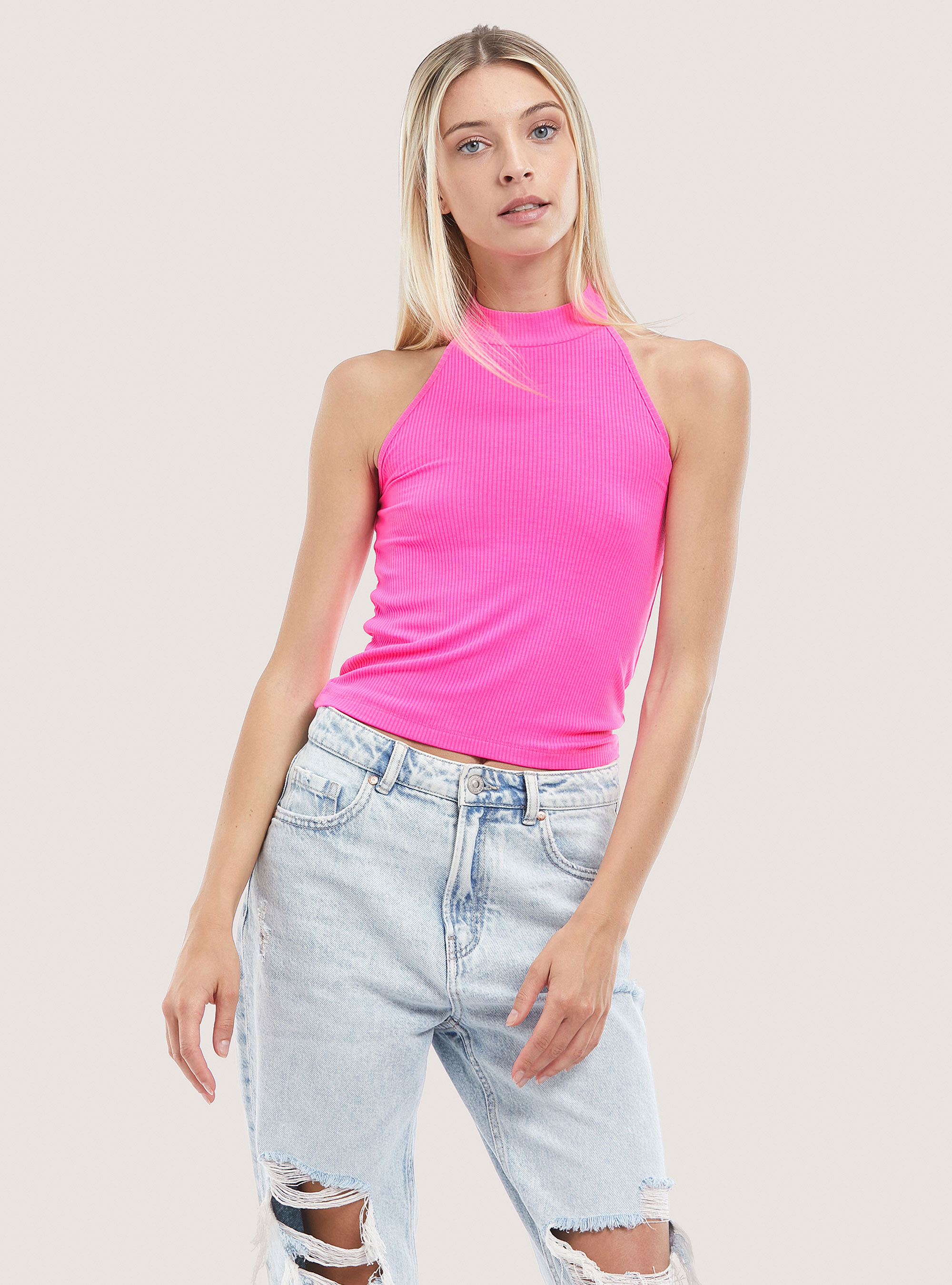Top with American neckline in cotton, PINK FLUO