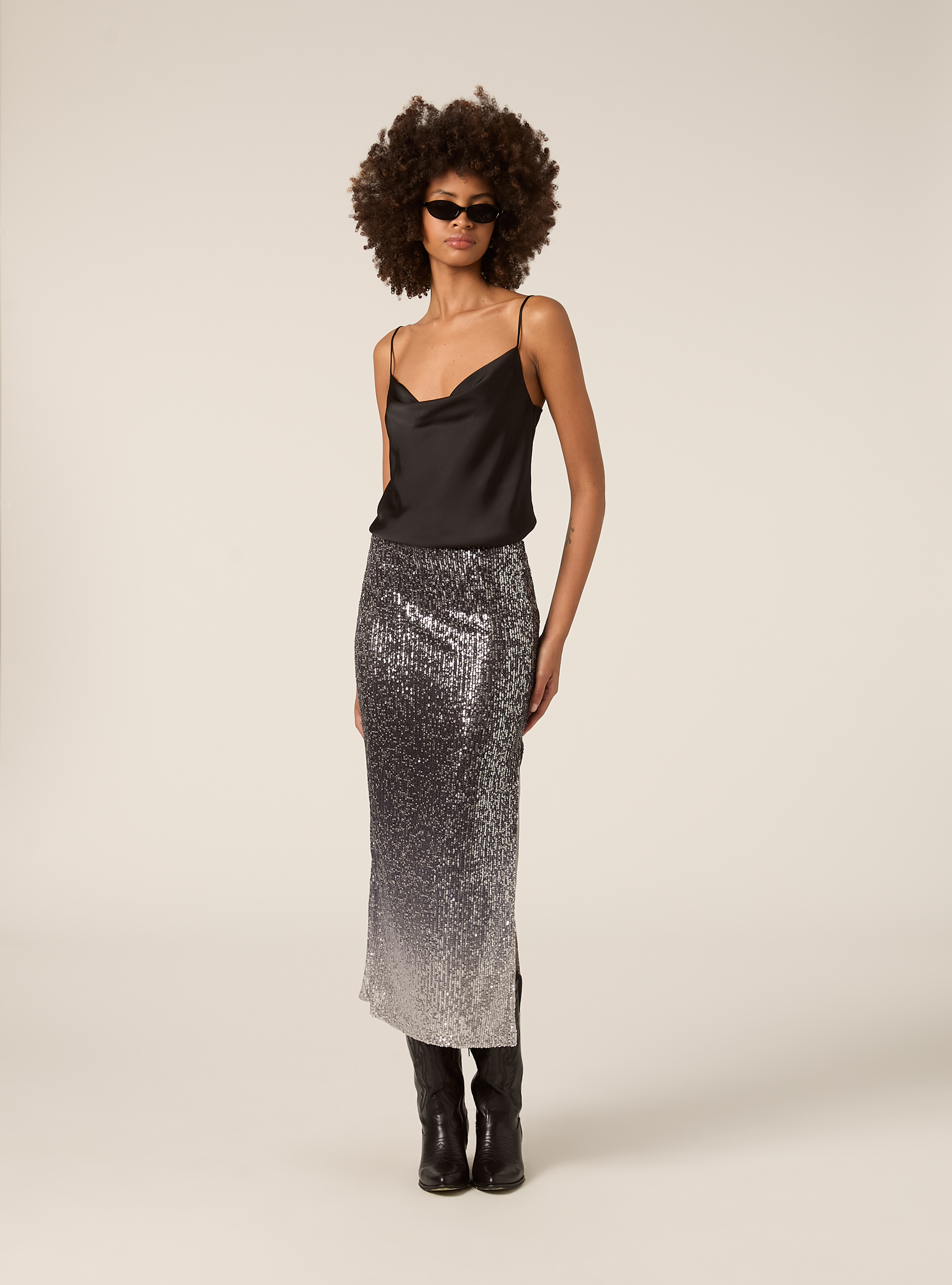 Gonna paillettes degrade' con spacco laterale, GY3 GREY LIGHT