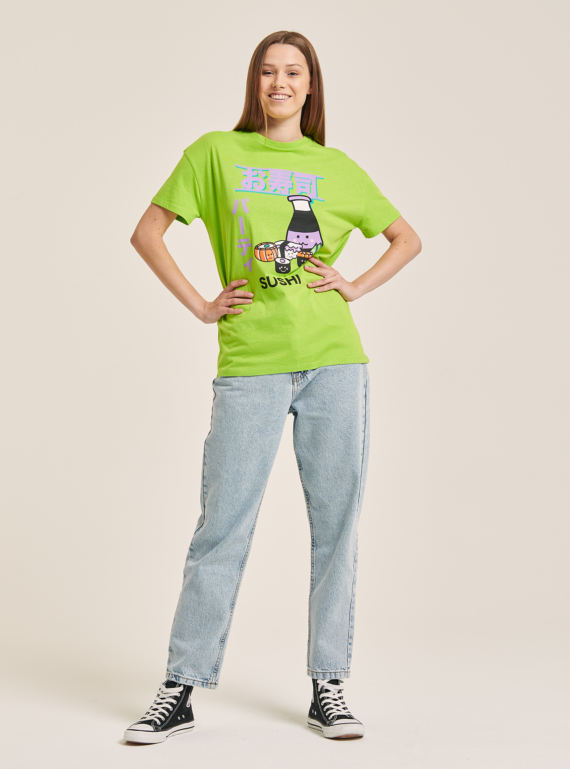 Buntes T-Shirt mit Aufdruck, C670 GREEN