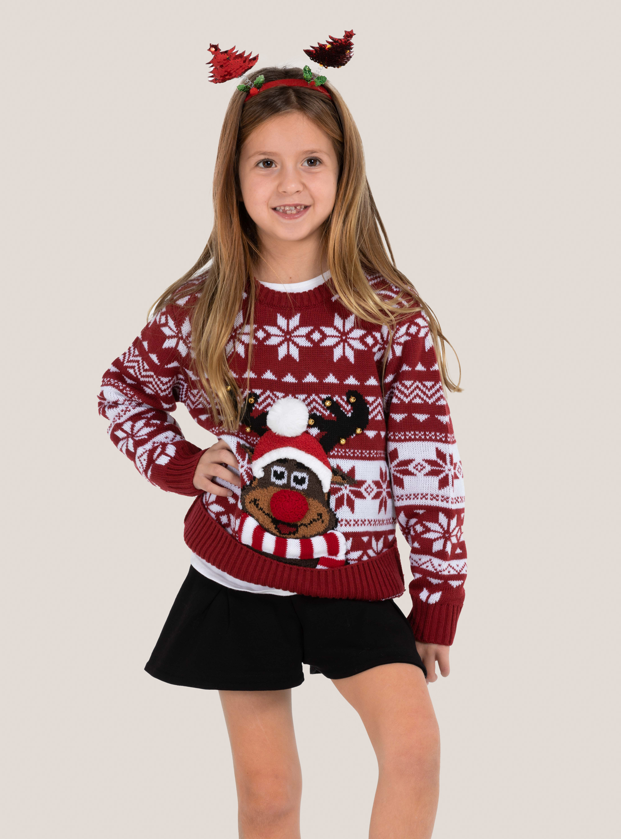 Pullover natalizio "mini me" con renna e campanelline, ROSSO