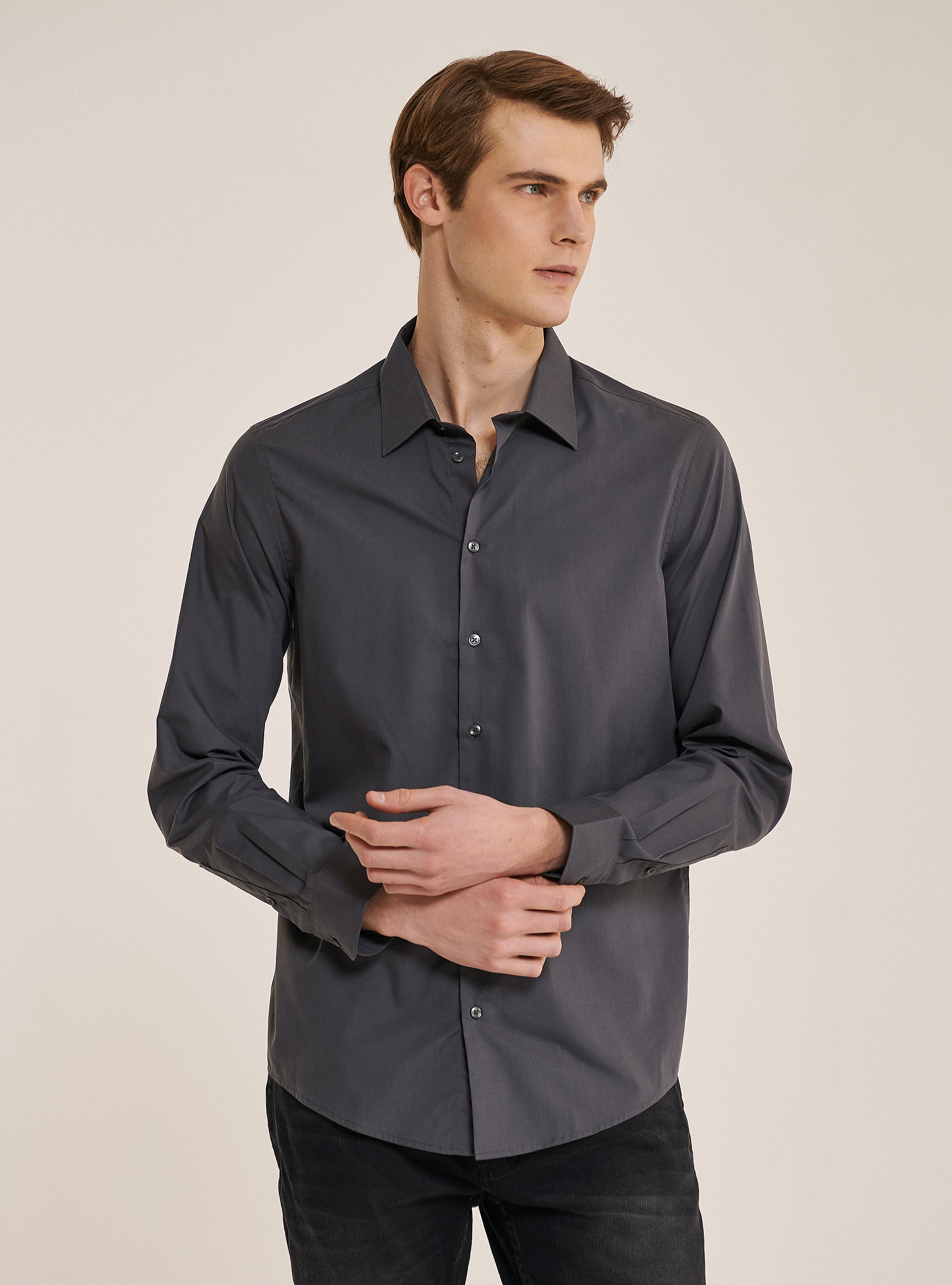 Basic solid colour long sleeves shirt, C161 GREY