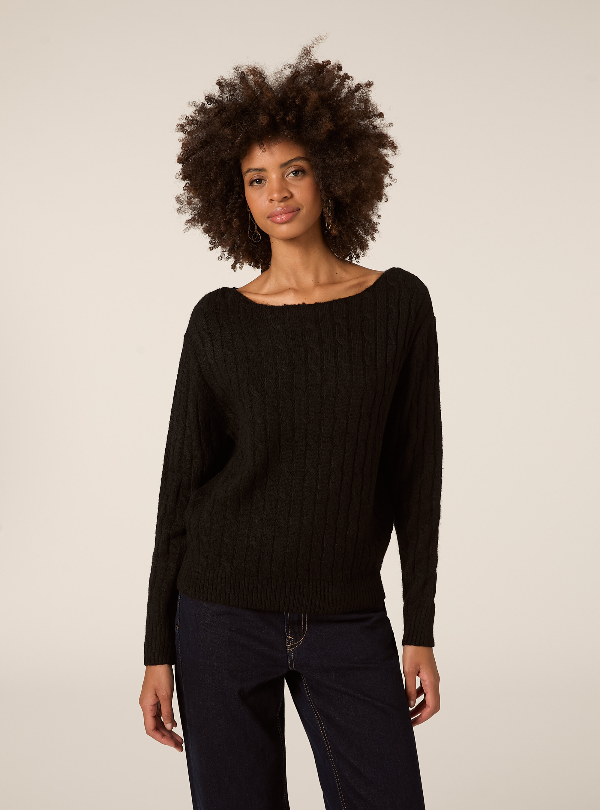 Maglia scollo barca a trecce, BK1 BLACK