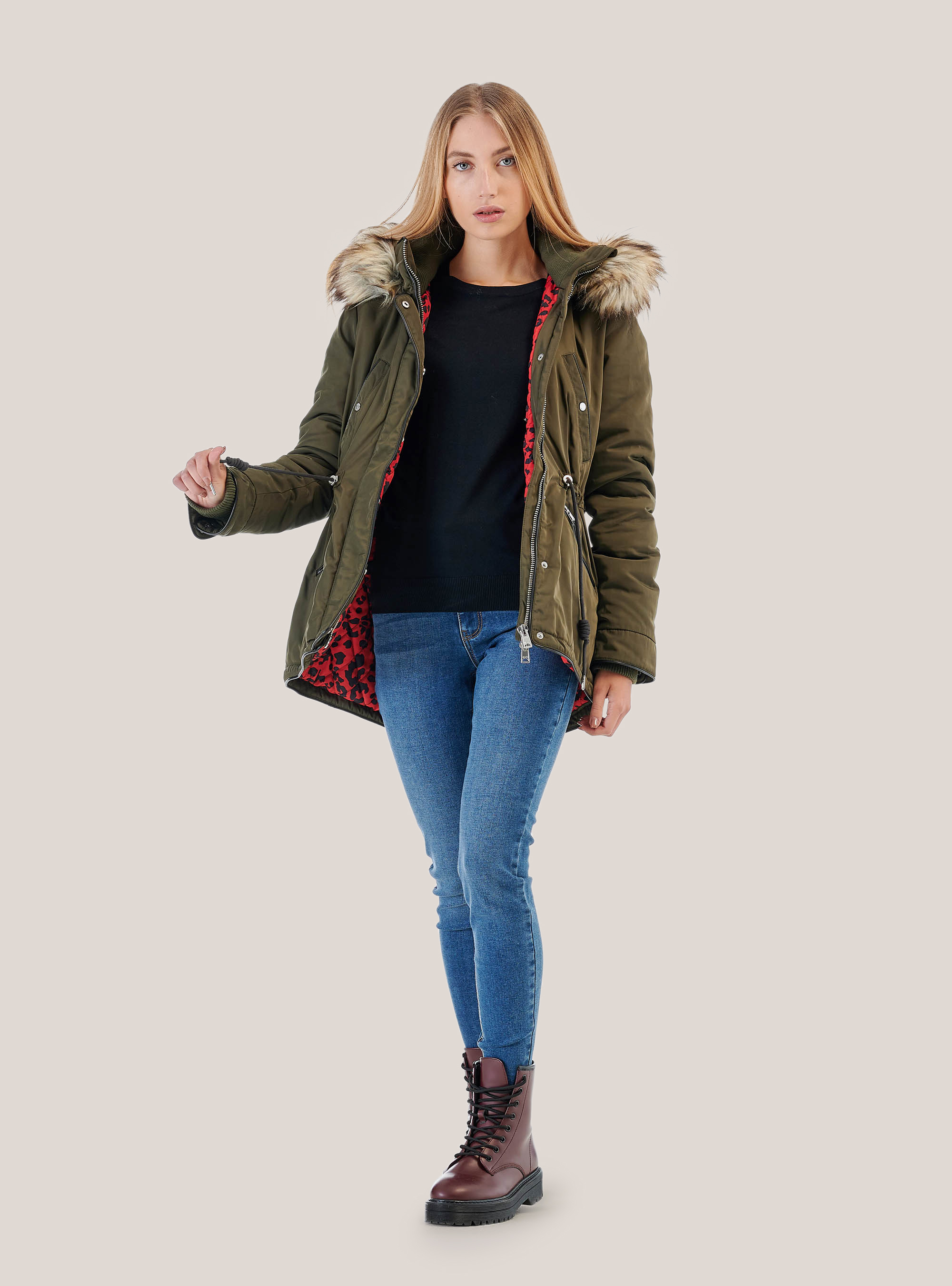Parka con fodera animalier, C614 KAKY