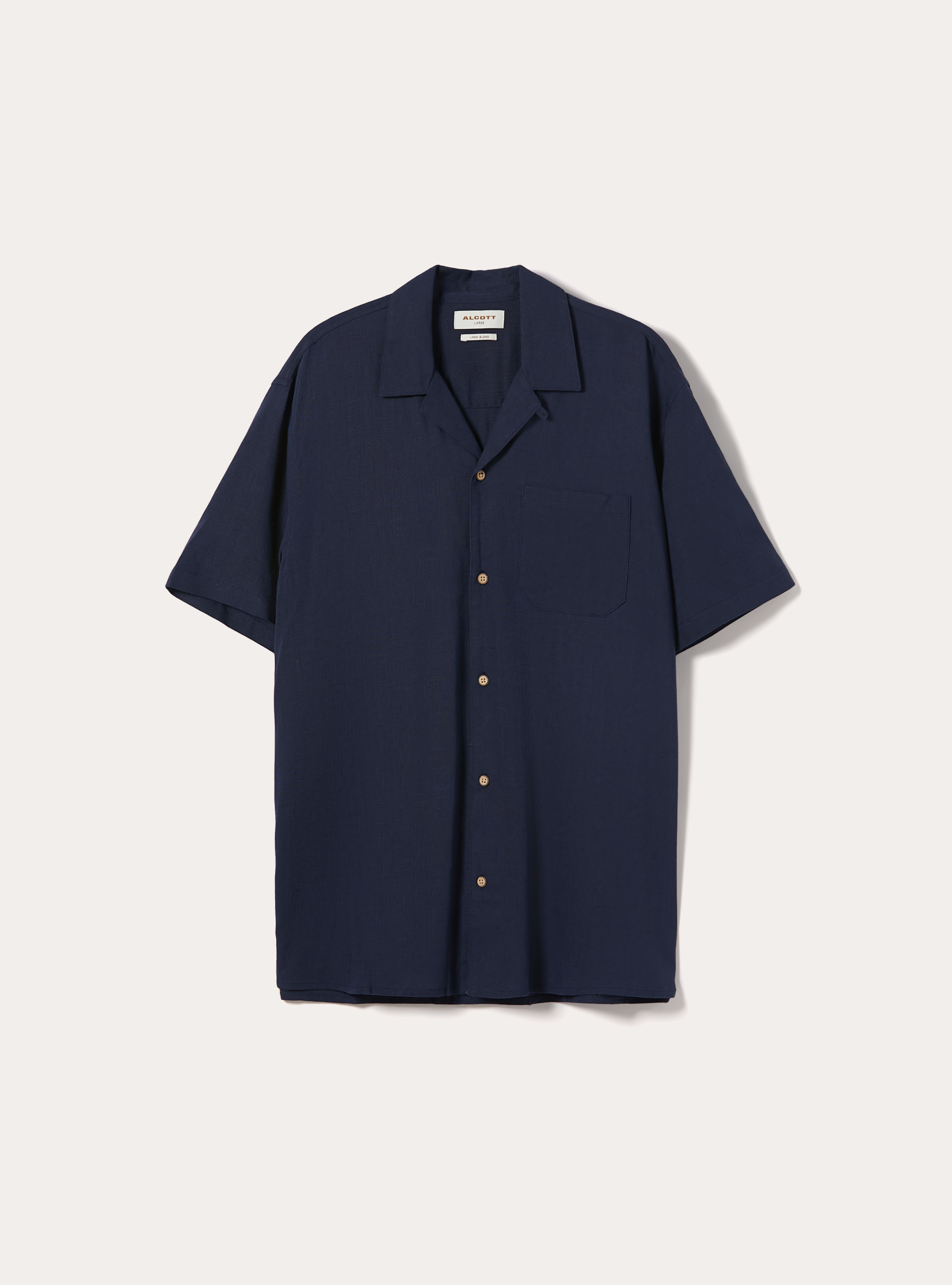Camicia in misto lino con collo bowling, BLU MEDIO