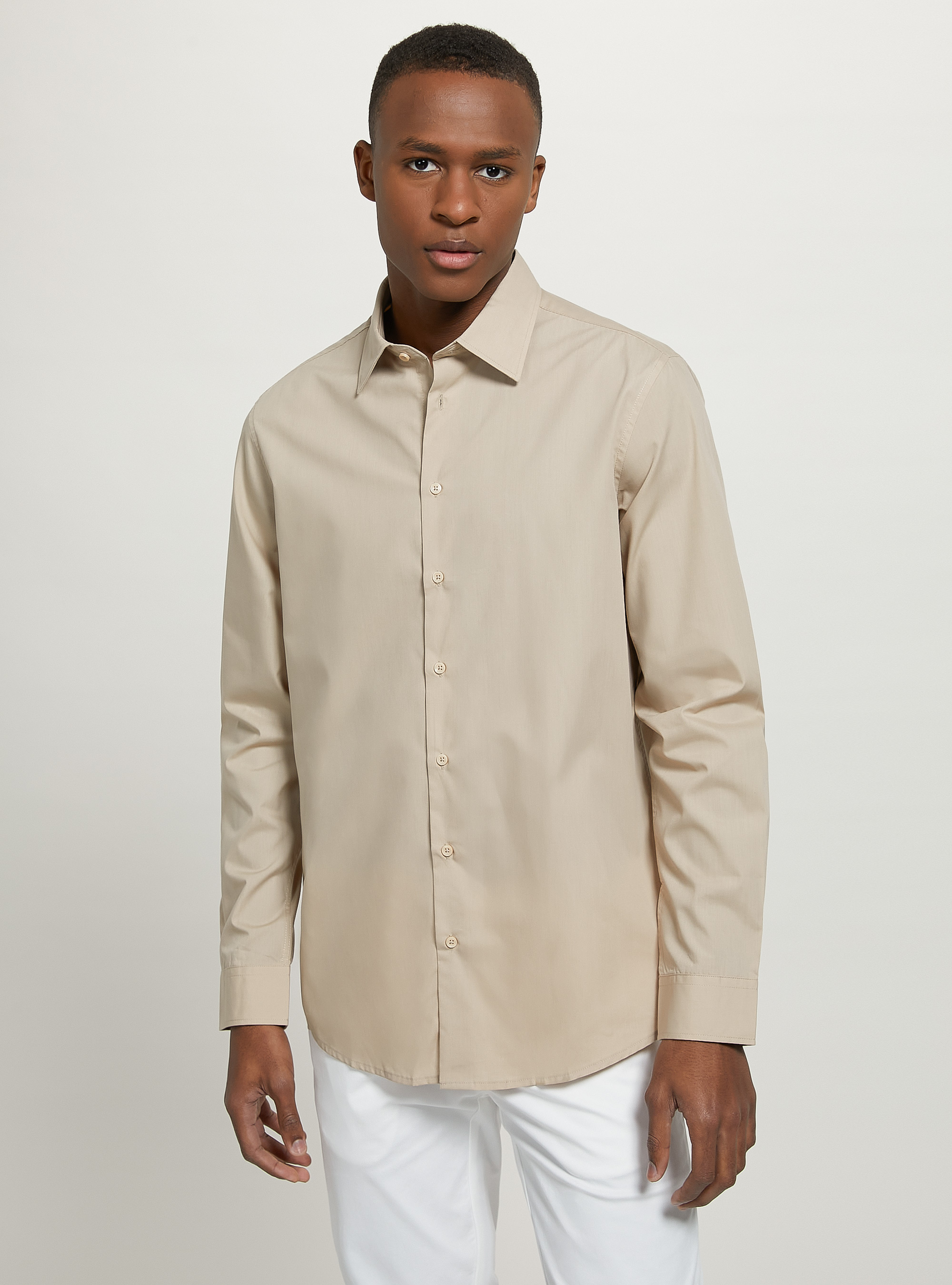 Plain-coloured long-sleeved shirt, BG1 BEIGE DARK