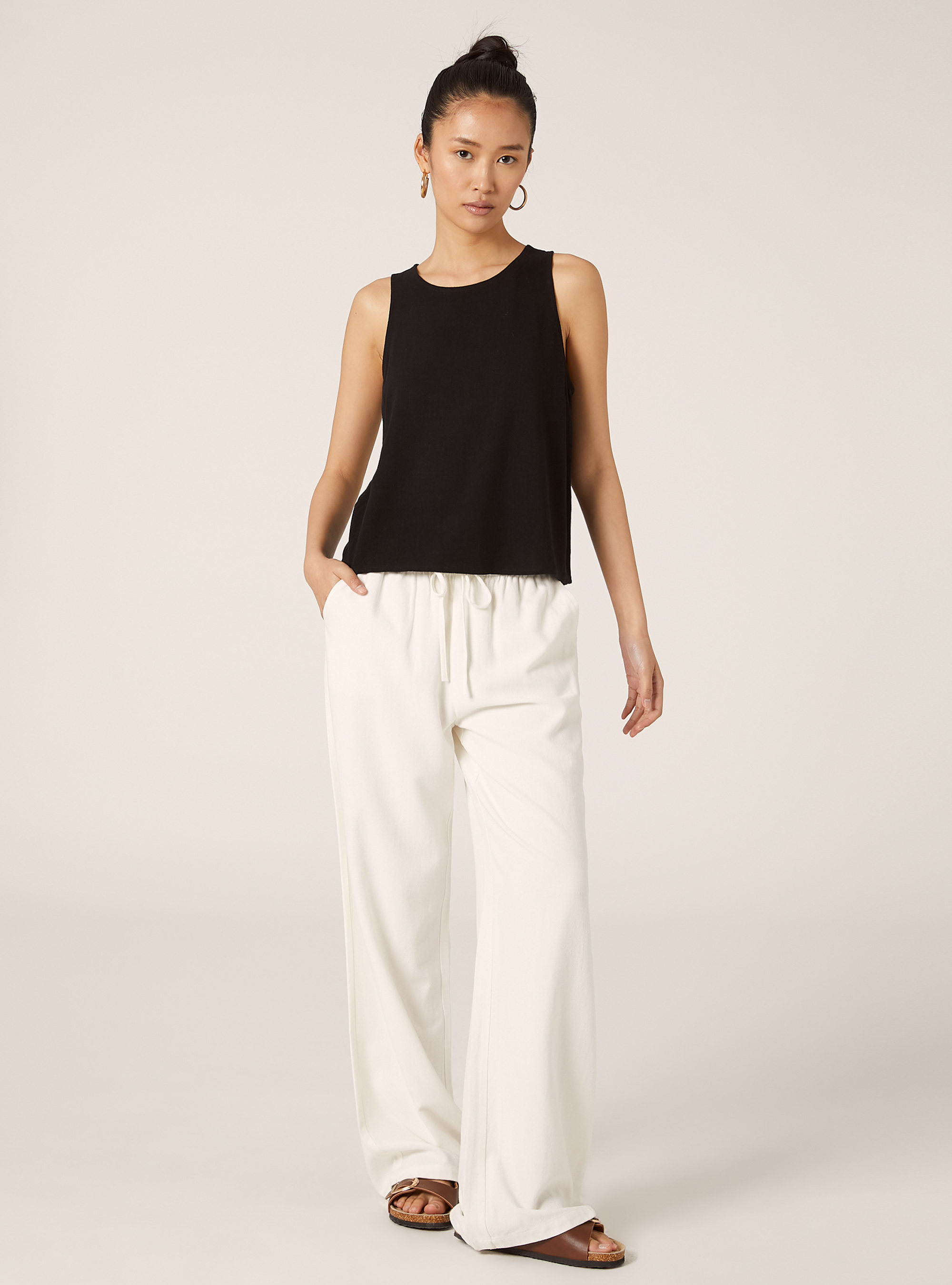 Camiseta de tirantes corta en mezcla de lino, BK1 BLACK